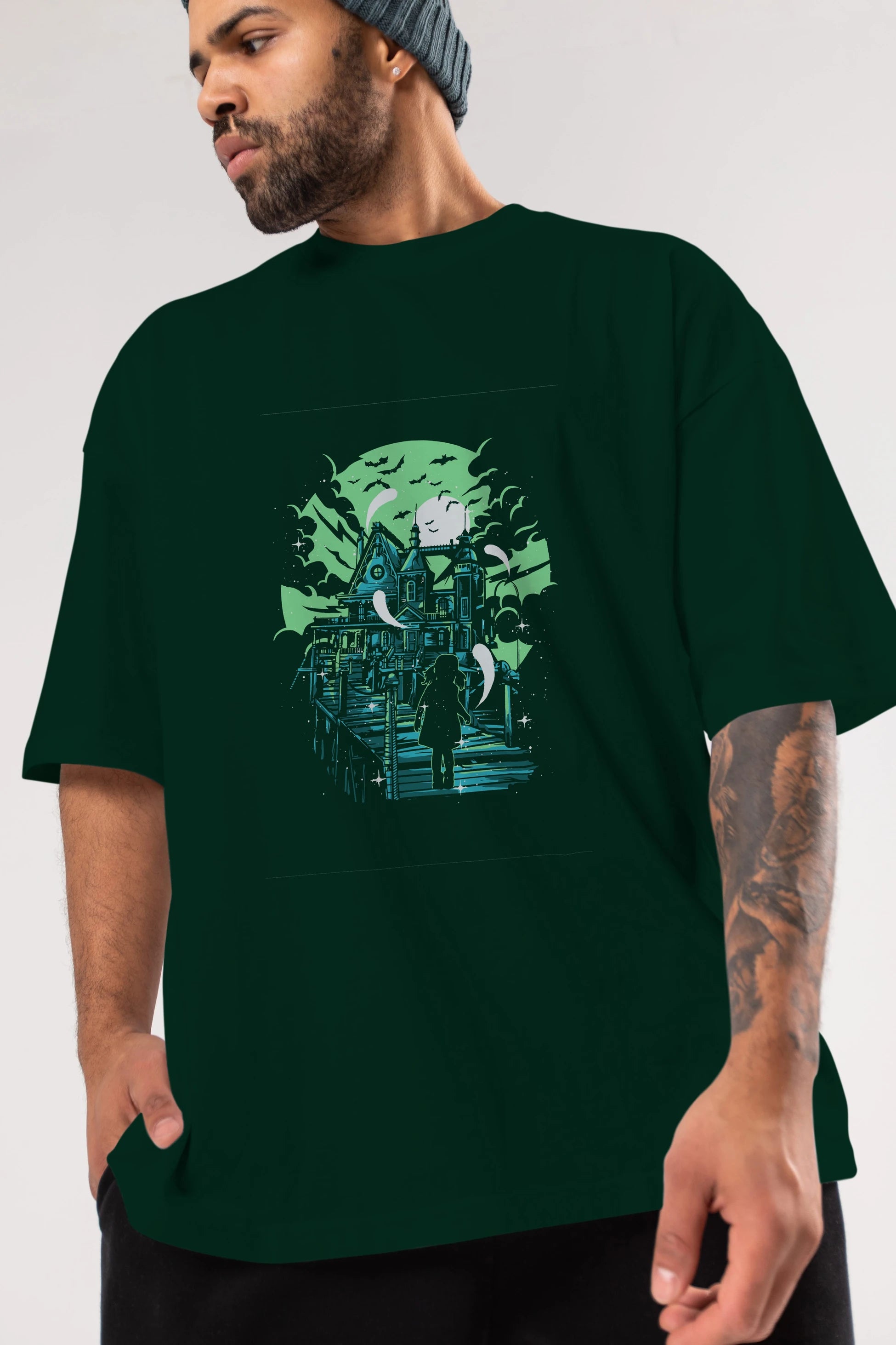 Haunted House Ön Baskılı Oversize t-shirt Erkek Kadın Unisex %100 Pamuk tişort
