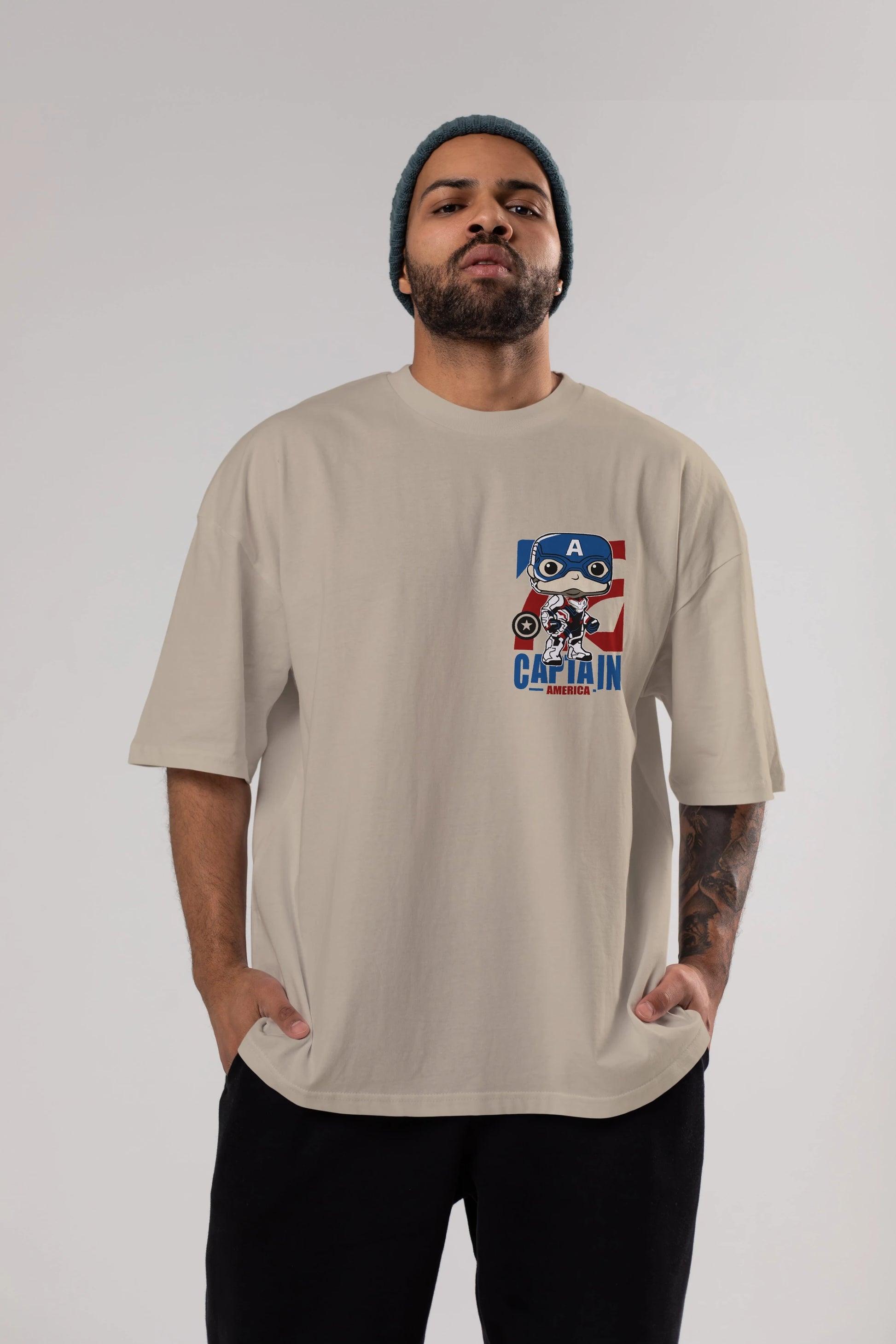 Captain America Ön Sol Baskılı Oversize t-shirt Erkek Kadın Unisex %100 Pamuk Bisiklet Yaka tişort