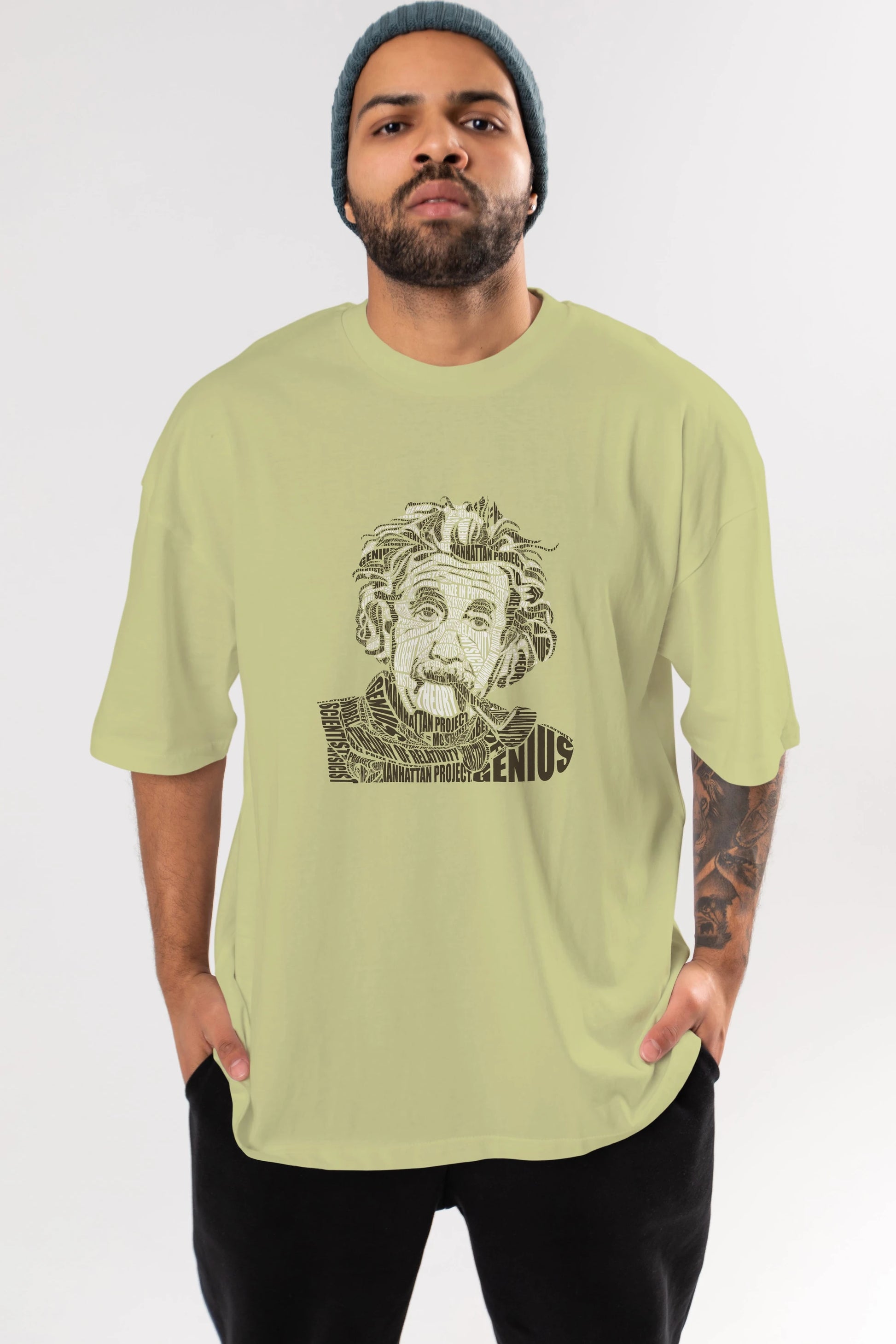 Einstein Calligram Ön Baskılı Oversize t-shirt %100 pamuk Erkek Kadın Unisex