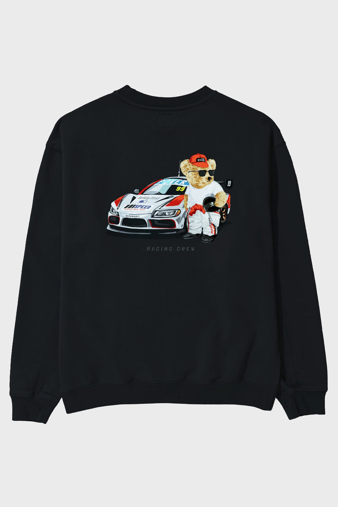 Teddy Bear Racing Crew Arka Baskılı Oversize Sweatshirt Erkek Kadın Unisex