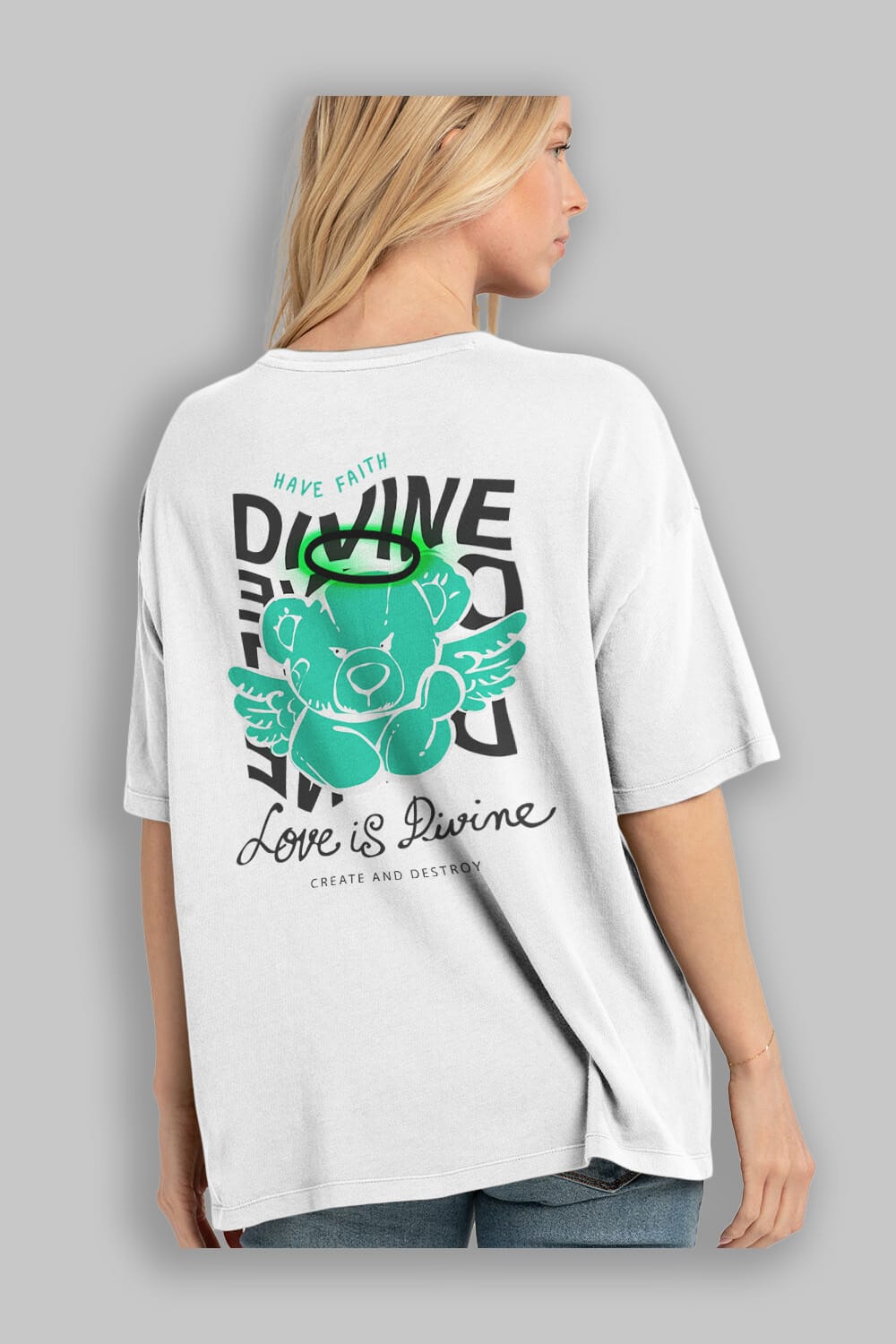 Love is Divine Bear Arka Baskılı Oversize t-shirt Erkek Kadın Unisex