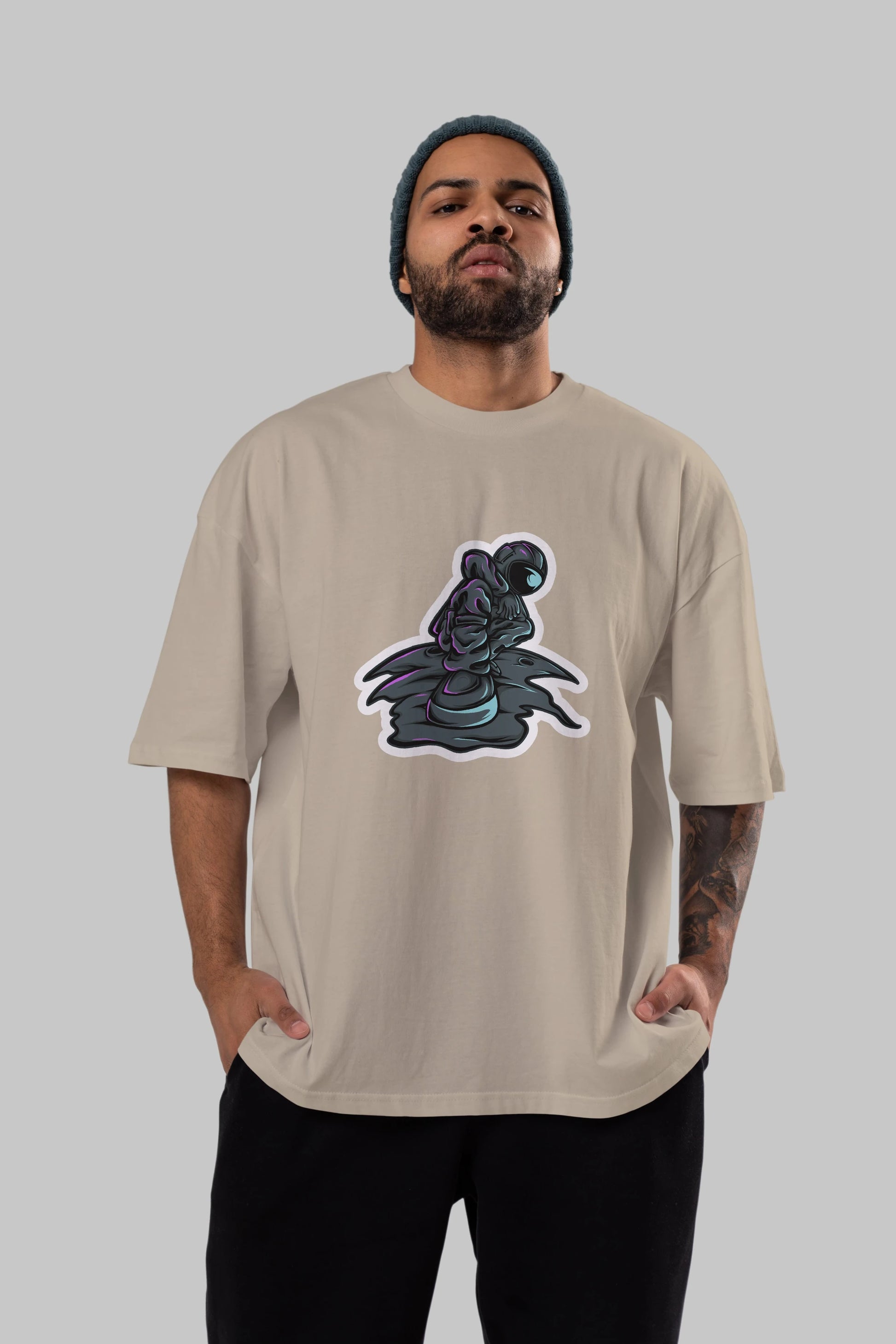 Stylish Astronaut Sticker Ön Baskılı Oversize t-shirt Erkek Kadın Unisex