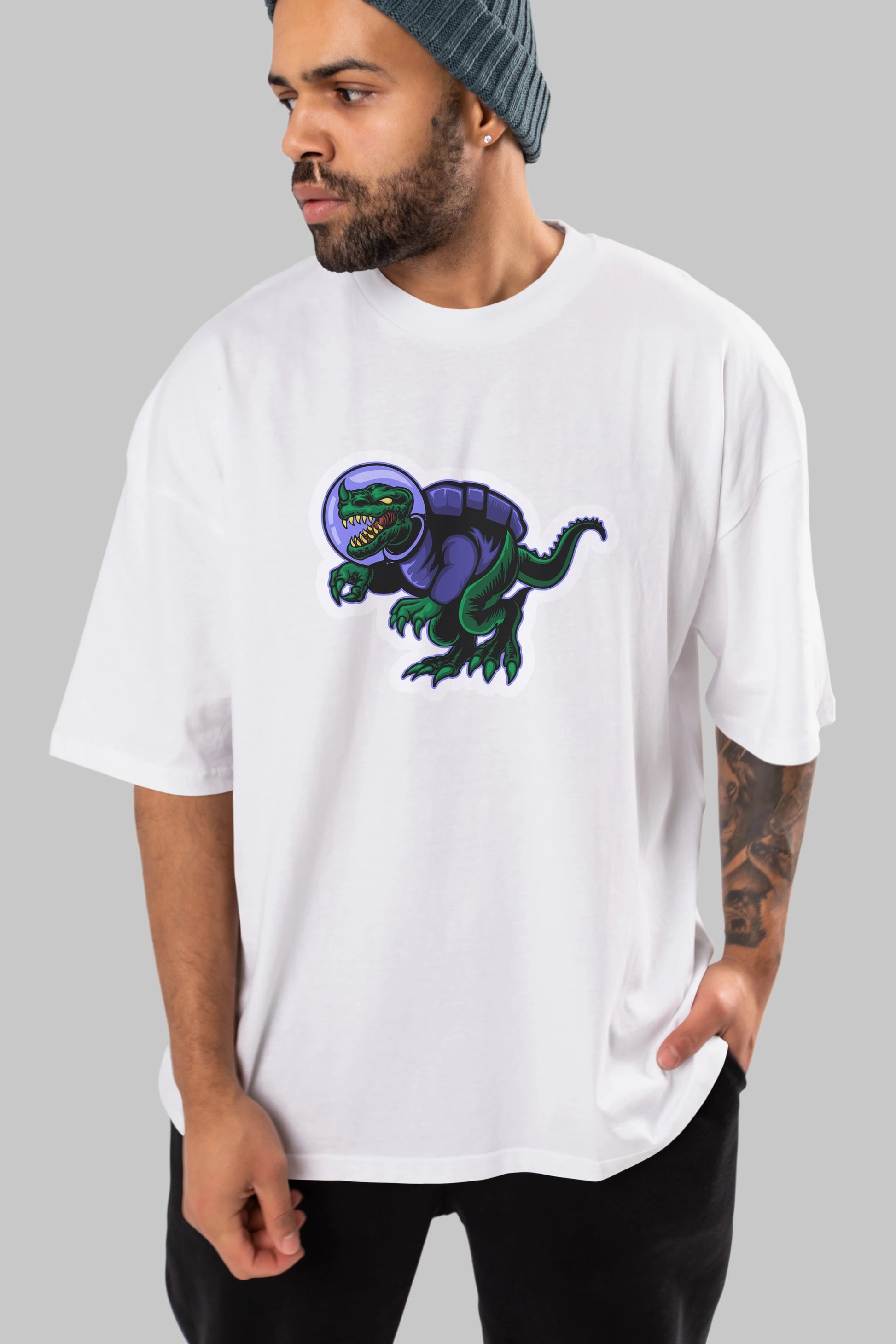 Space Dino Sticker Ön Baskılı Oversize t-shirt Erkek Kadın Unisex