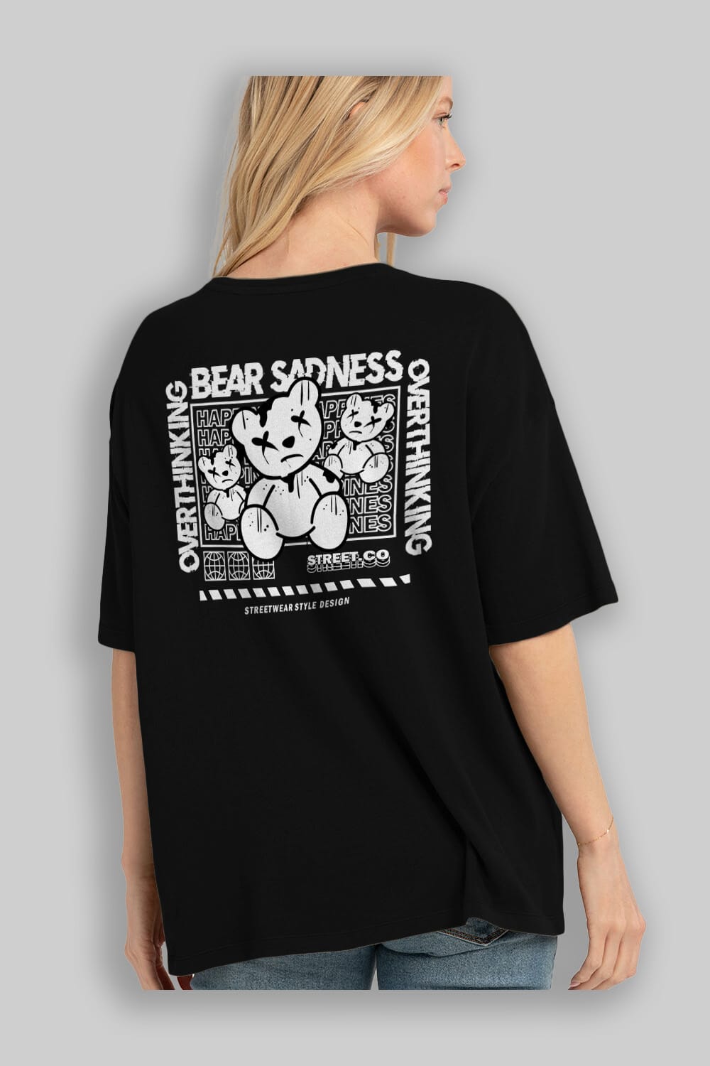 Bear Sadness 2 Arka Baskılı Oversize t-shirt Erkek Kadın Unisex