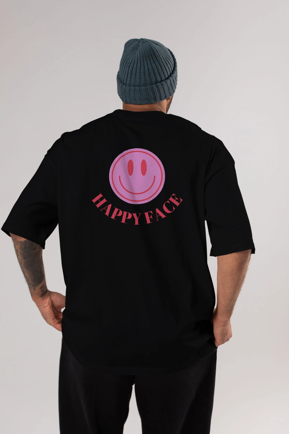 Happy Face Yazılı Arka Baskılı Oversize t-shirt Erkek Kadın Unisex