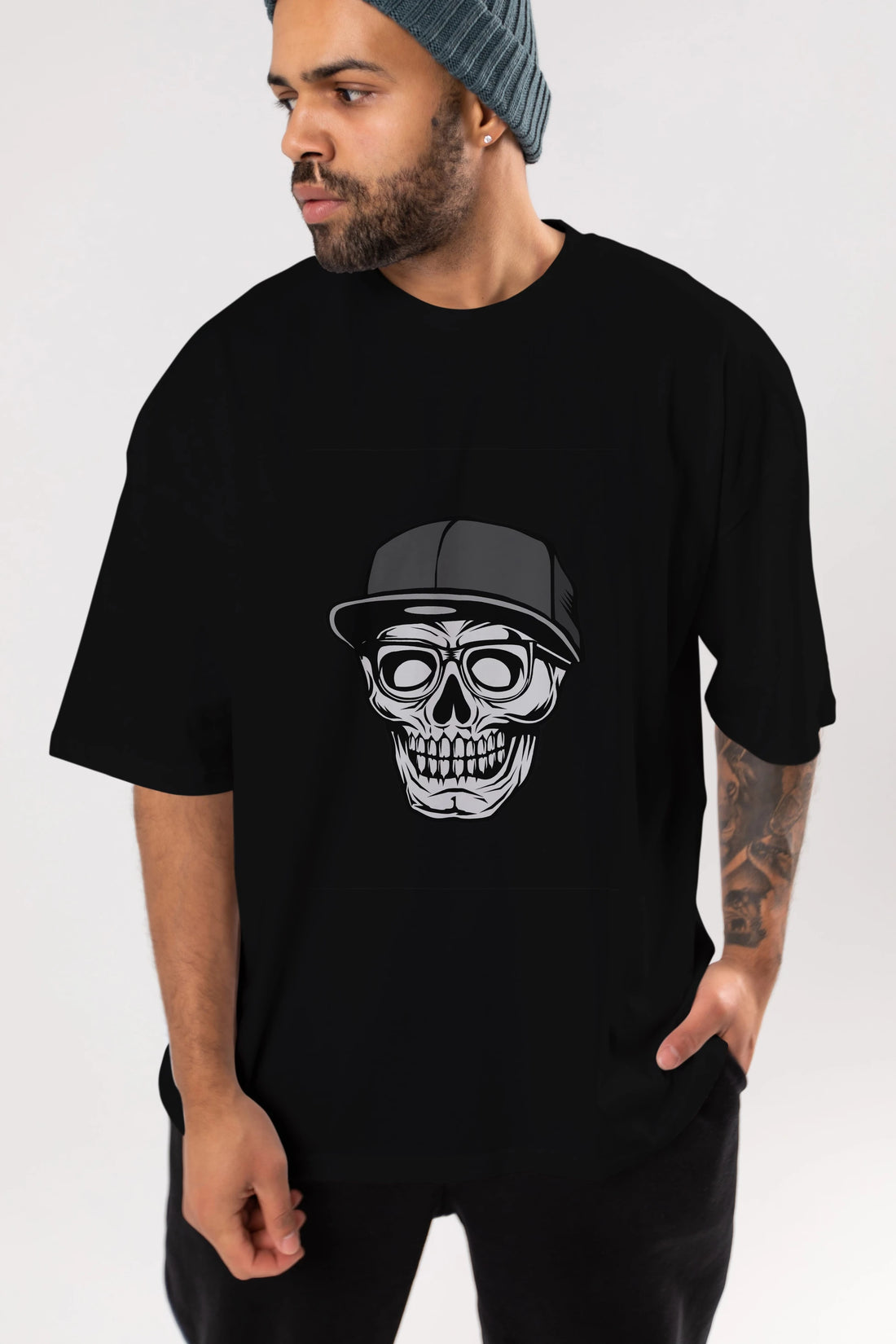 Skull With Hat Ön Baskılı Oversize t-shirt Erkek Kadın Unisex %100 Pamuk tişort