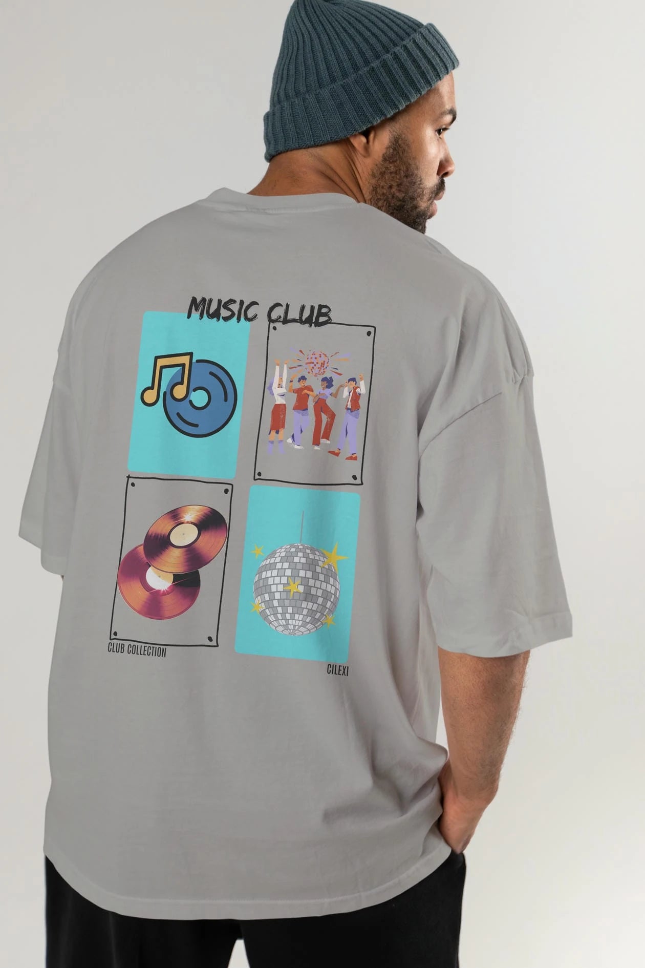 Music Club Arka Baskılı Oversize t-shirt Erkek Kadın %100 Pamuk Bisiklet Yaka tişort