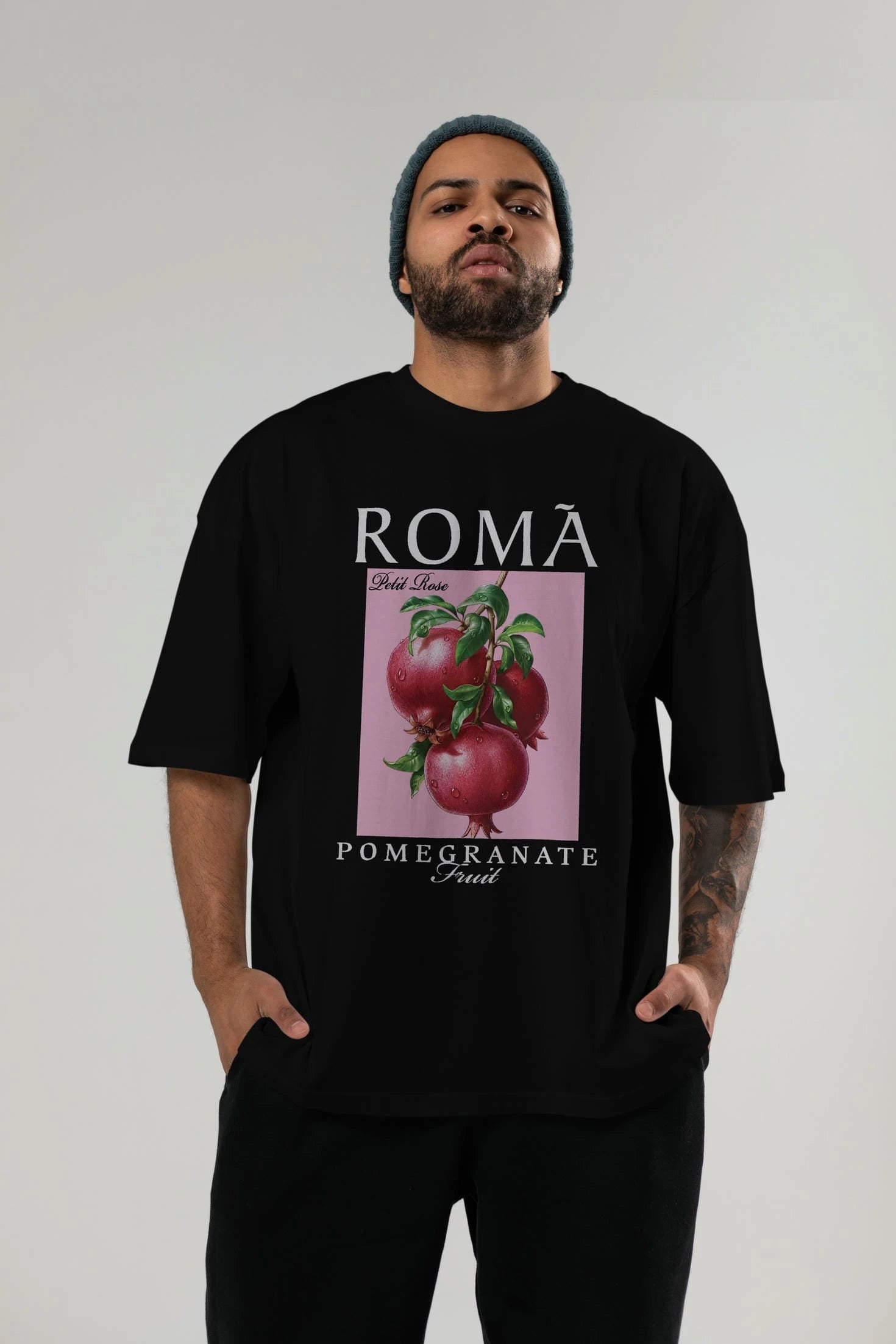 Roma Pomegranate Nar Ön Baskılı Oversize t-shirt Erkek Kadın Pamuk Bisiklet Yaka tişort