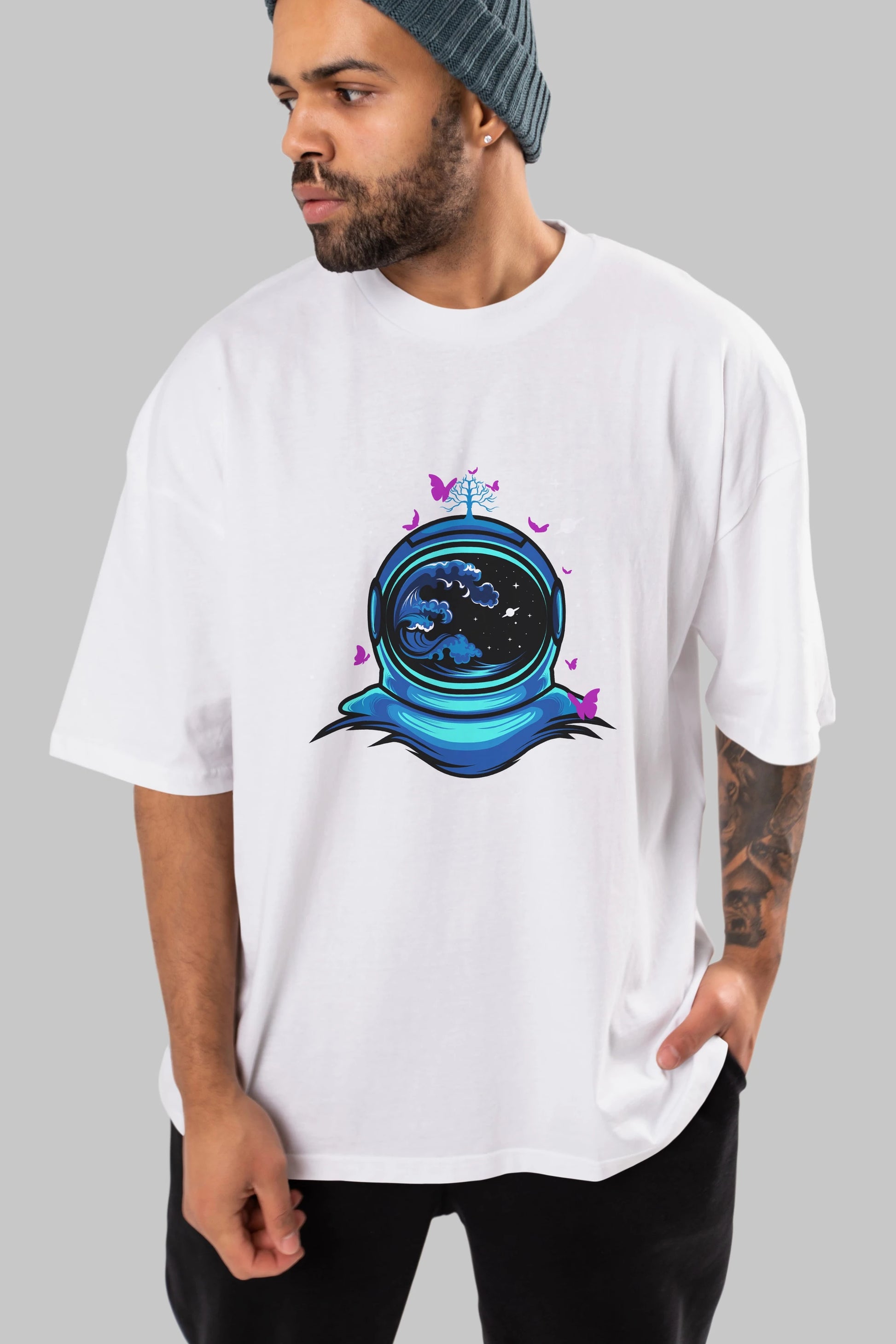 Astronaut and Butterfly Ön Baskılı Oversize t-shirt Erkek Kadın Unisex