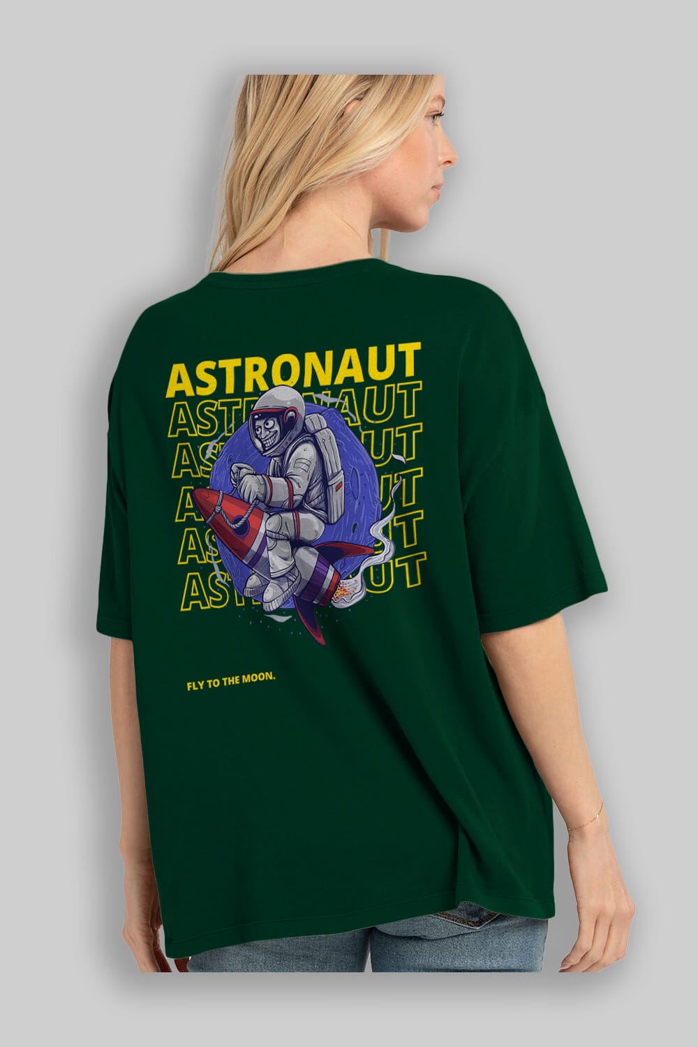 Astronaut Fly to the Moon Yazılı Arka Baskılı Oversize t-shirt Erkek Kadın Unisex
