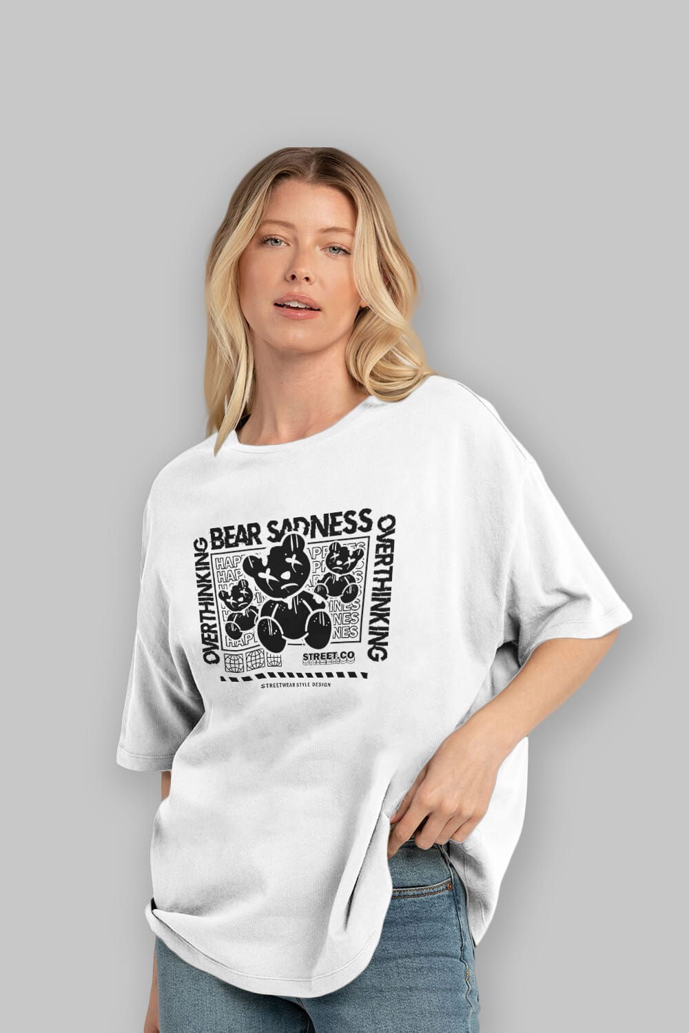 Bear Sadness 2 Ön Baskılı Oversize t-shirt Erkek Kadın Unisex