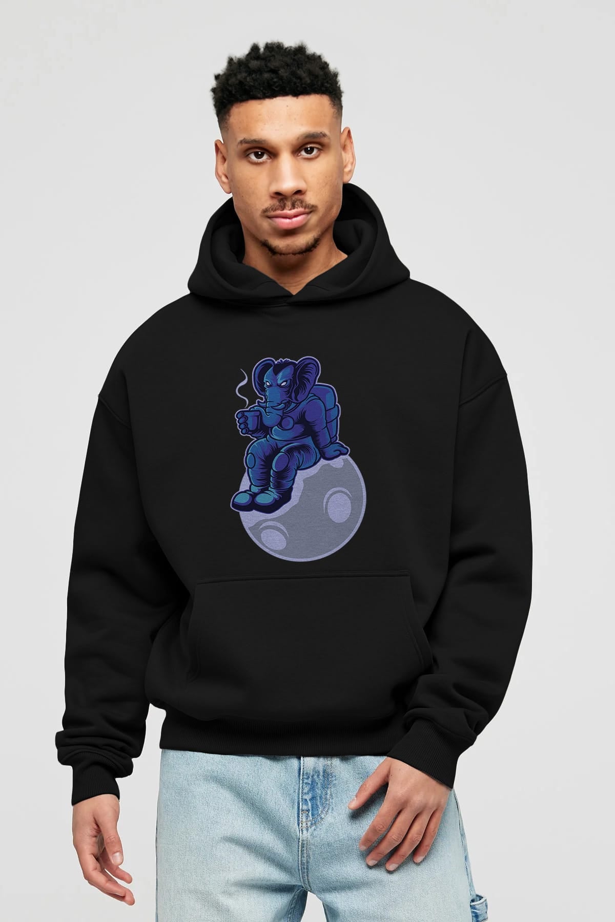 Space Elephant Drink Coffee Ön Baskılı Hoodie Oversize Kapüşonlu Sweatshirt Erkek Kadın Unisex