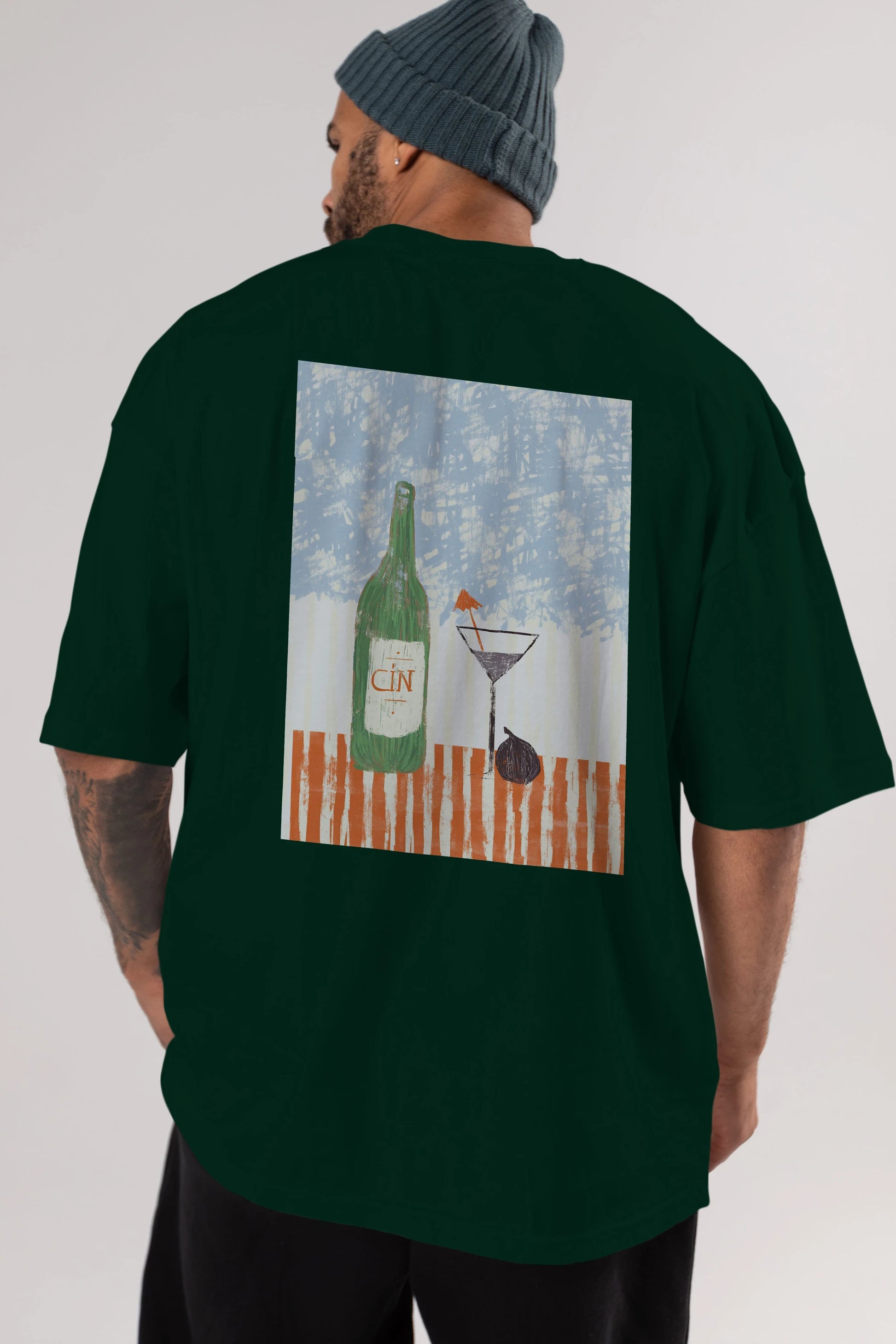 Gin Arka Baskılı Oversize t-shirt Erkek Kadın Unisex %100 Pamuk Bisiklet Yaka tişort