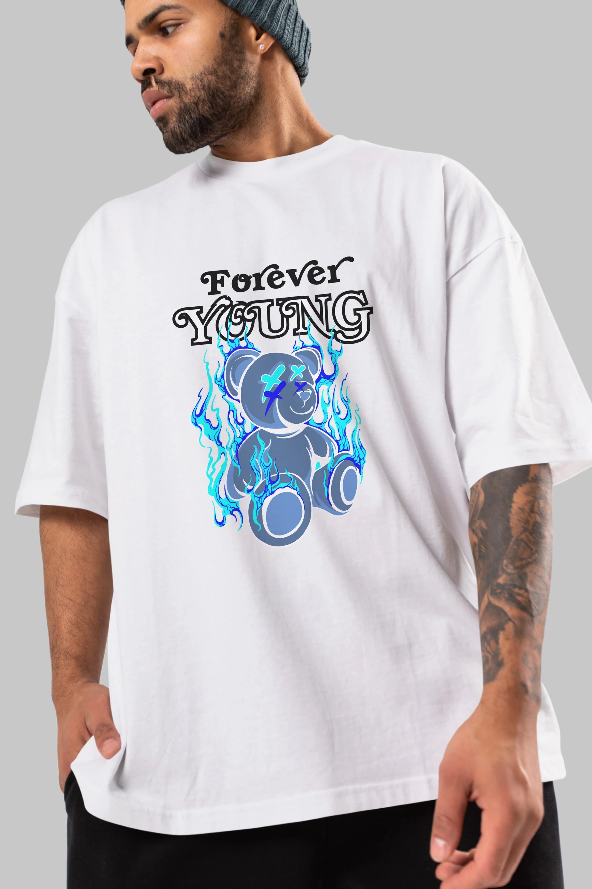 Forever Young Bear Ön Baskılı Oversize t-shirt Erkek Kadın Unisex
