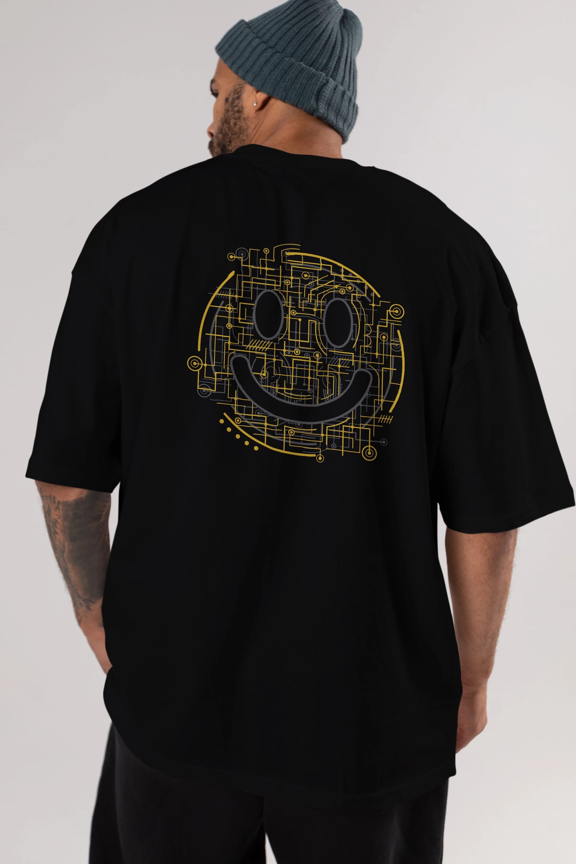 Electric Smiley Arka Baskılı Oversize t-shirt %100 pamuk Erkek Kadın Unisex