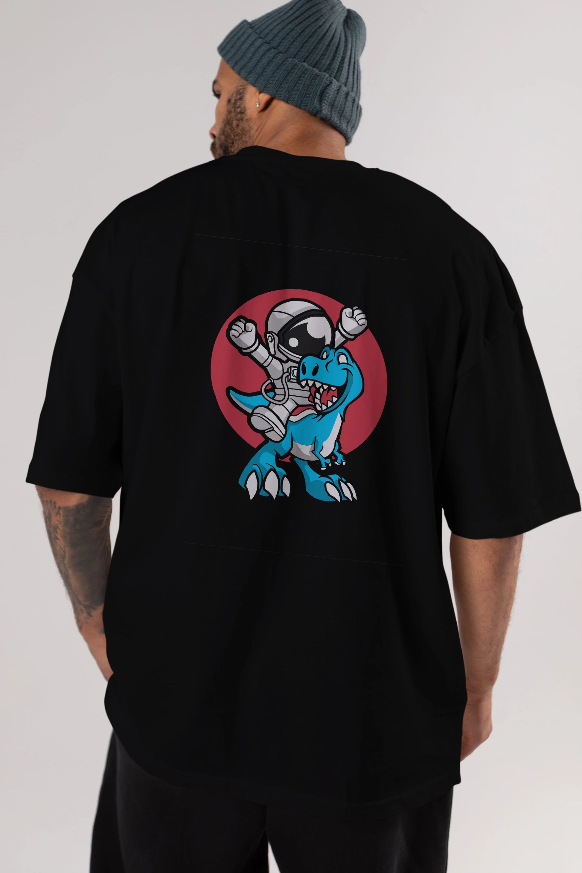 Astronaut Dino Arka Baskılı Oversize t-shirt Erkek Kadın Unisex %100 Pamuk tişort