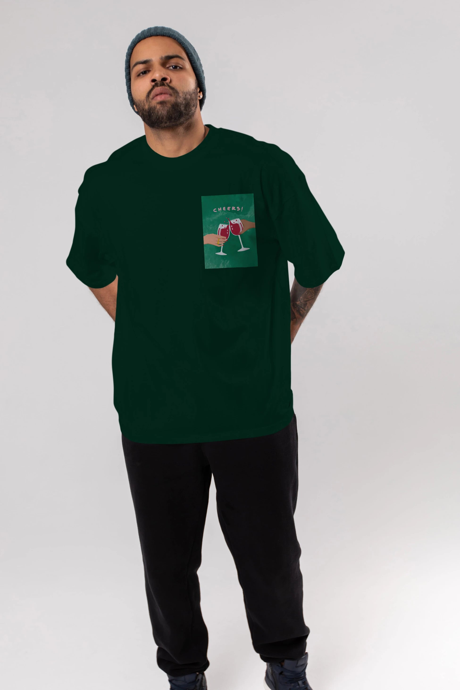 Cheers Ön Sol Baskılı Oversize t-shirt Erkek Kadın Unisex %100 Pamuk Bisiklet Yaka tişort