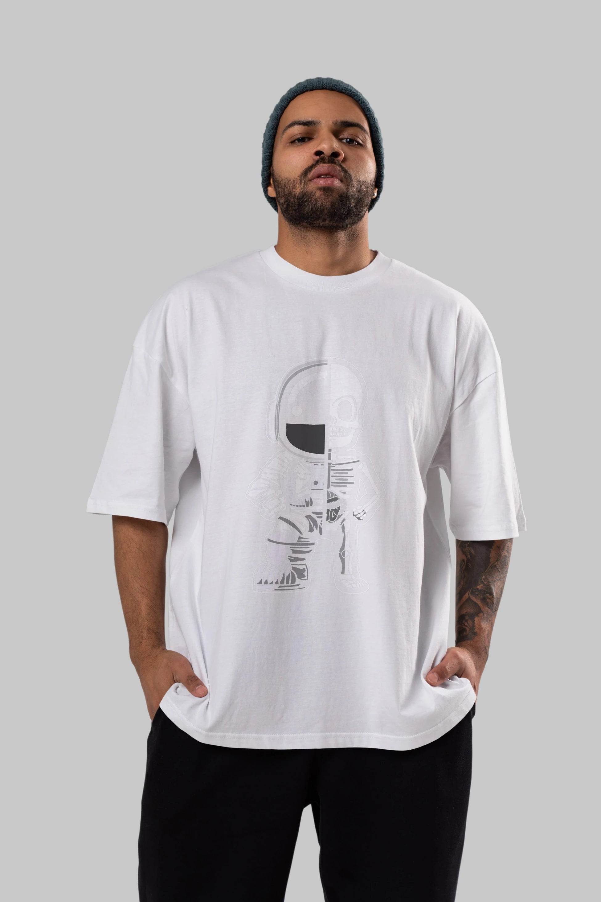 Astronaut Half Skeleton Ön Baskılı Oversize t-shirt Erkek Kadın Unisex