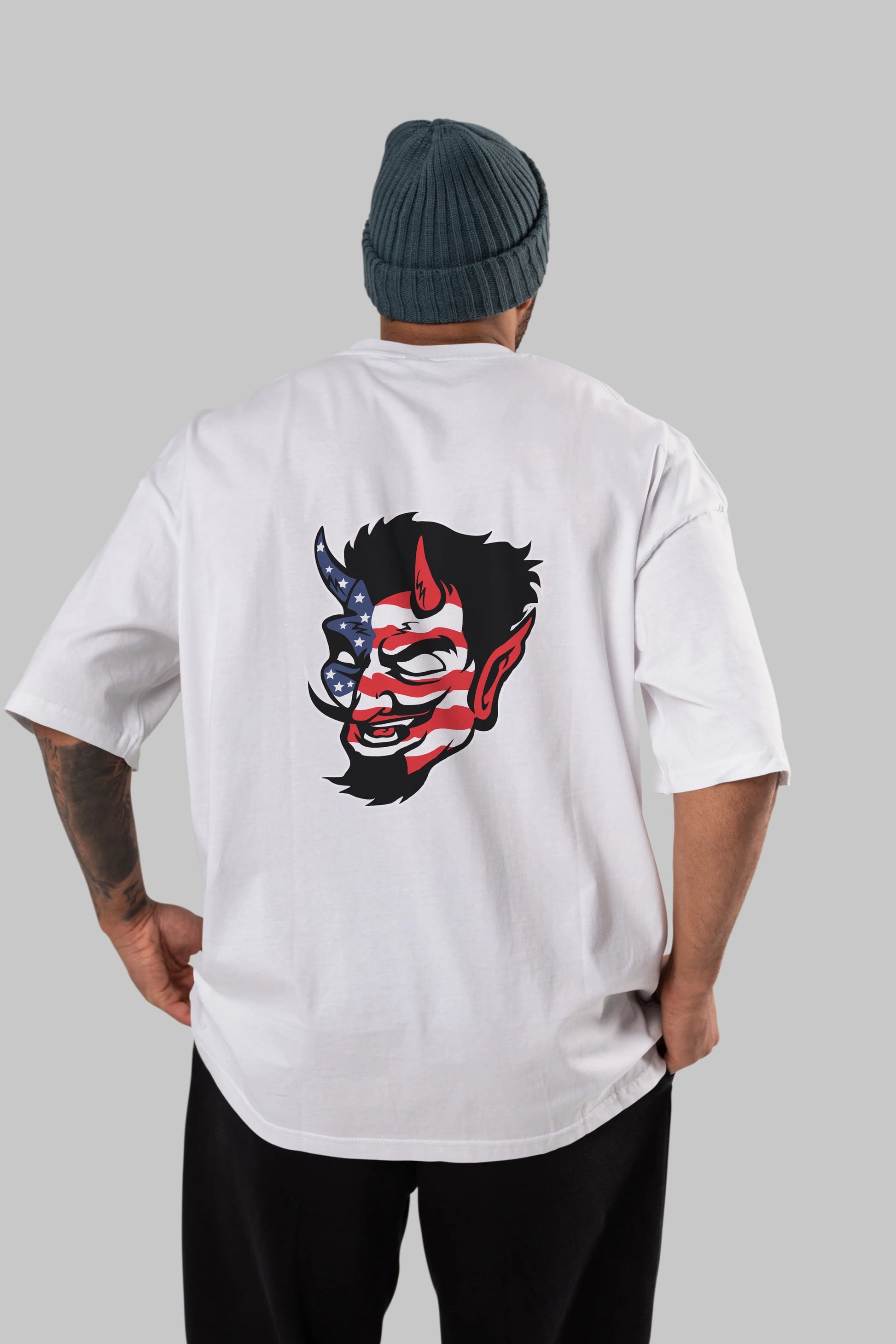 American Devil Arka Baskılı Oversize t-shirt Erkek Kadın Unisex %100 Pamuk tişort