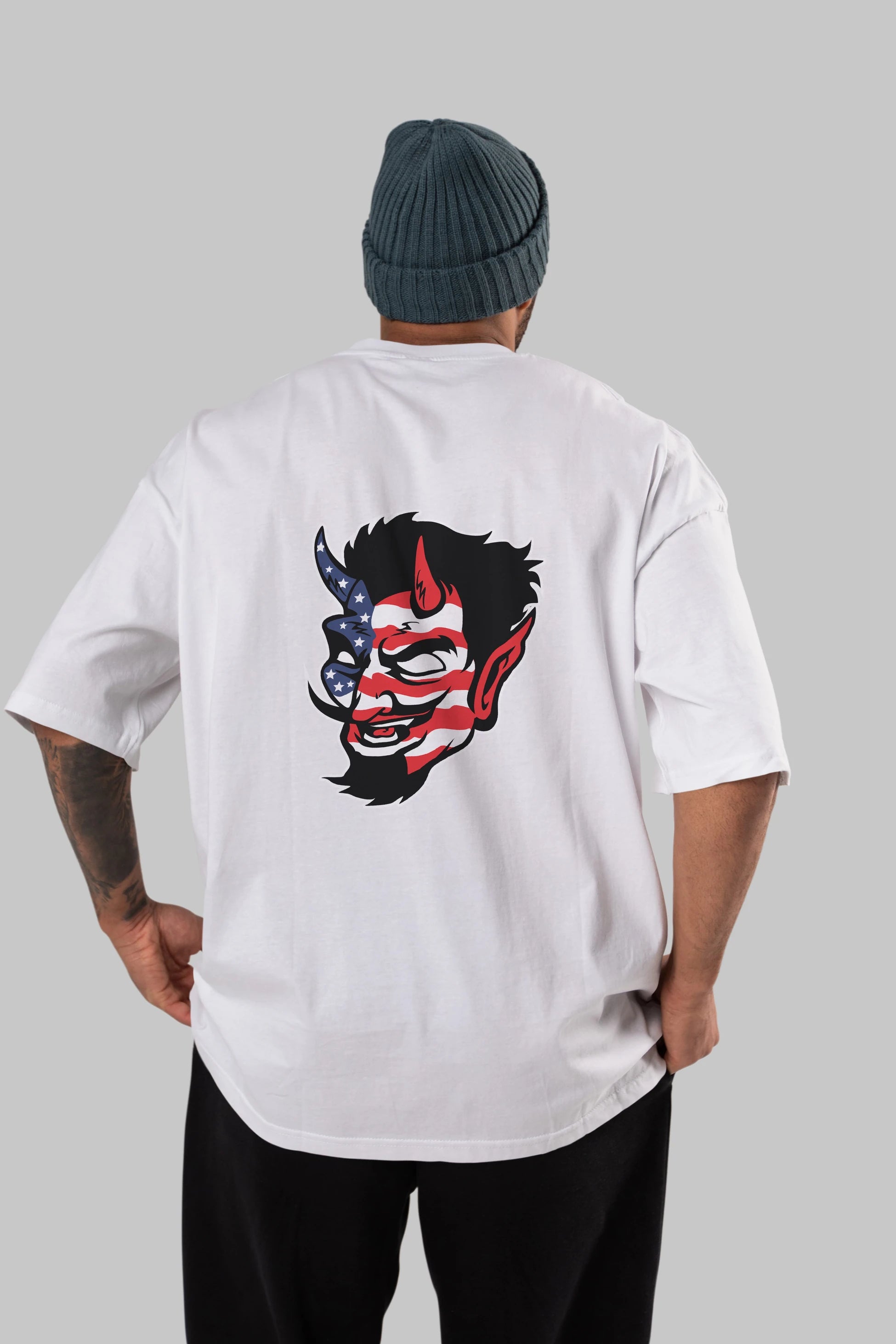 American Devil Arka Baskılı Oversize t-shirt Erkek Kadın Unisex %100 Pamuk tişort