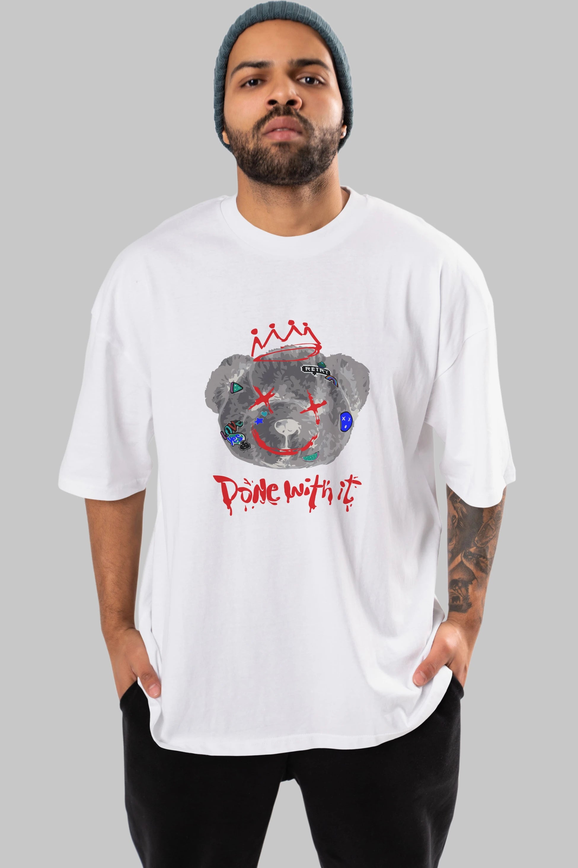 Done With it Bear Ön Baskılı Oversize t-shirt Erkek Kadın Unisex