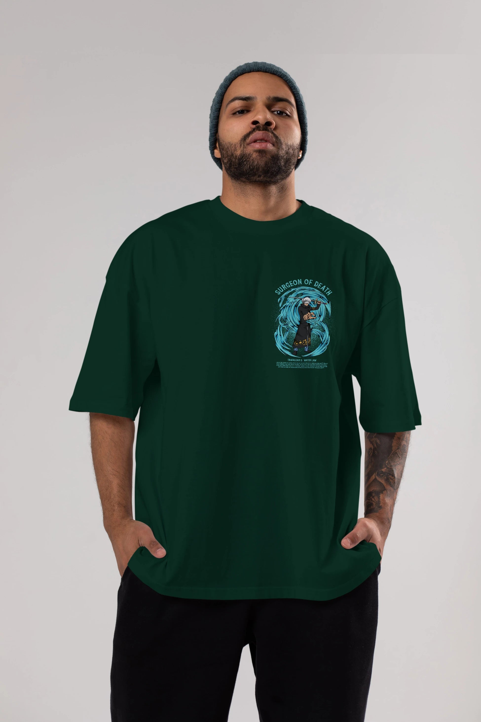 Trafalgad D. Water Law Ön Sol Baskılı Oversize t-shirt Erkek Kadın Unisex %100 Pamuk Bisiklet Yaka tişort