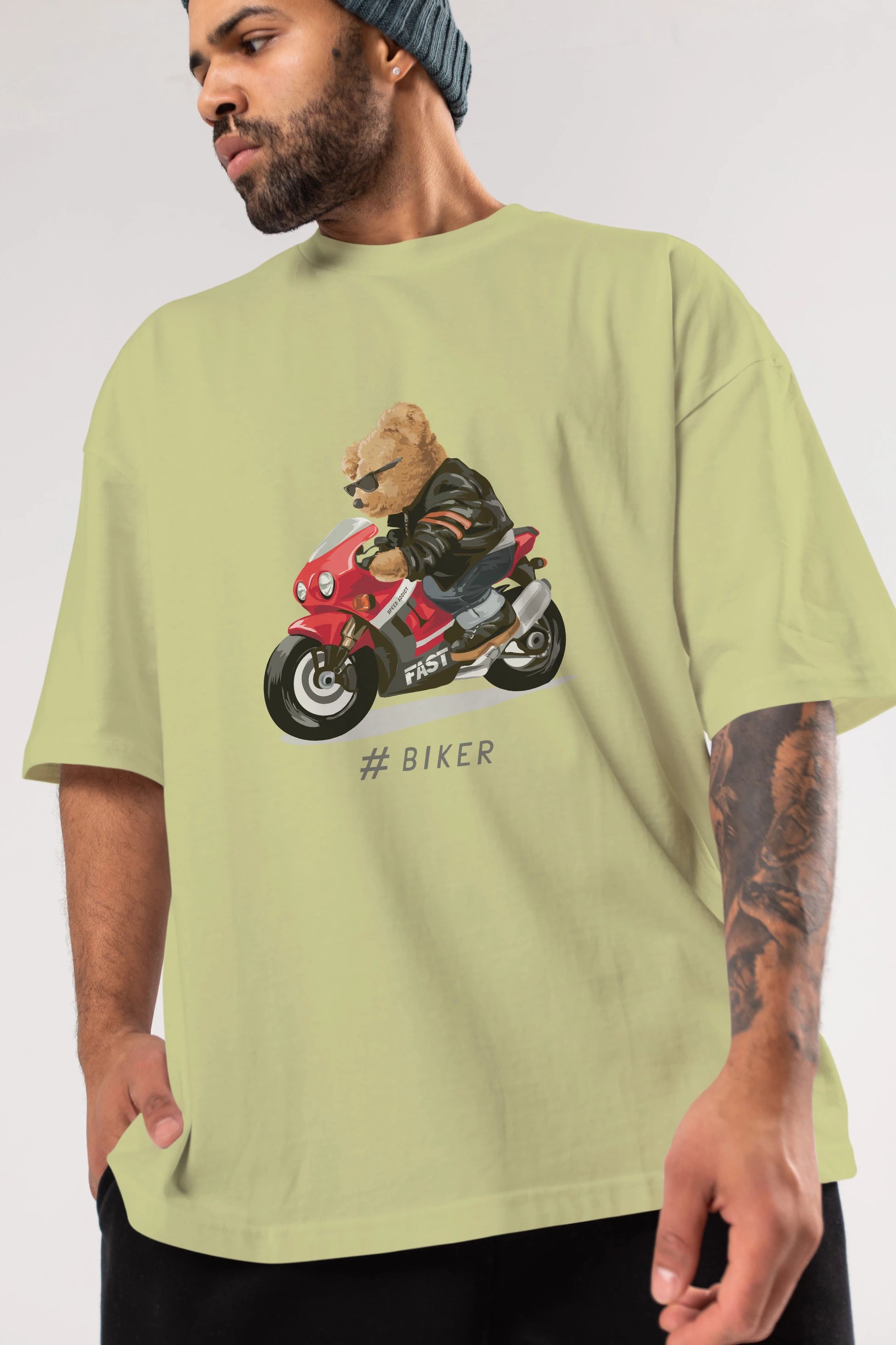 Teddy Bear Biker Ön Baskılı Oversize t-shirt Erkek Kadın Unisex %100 Pamuk