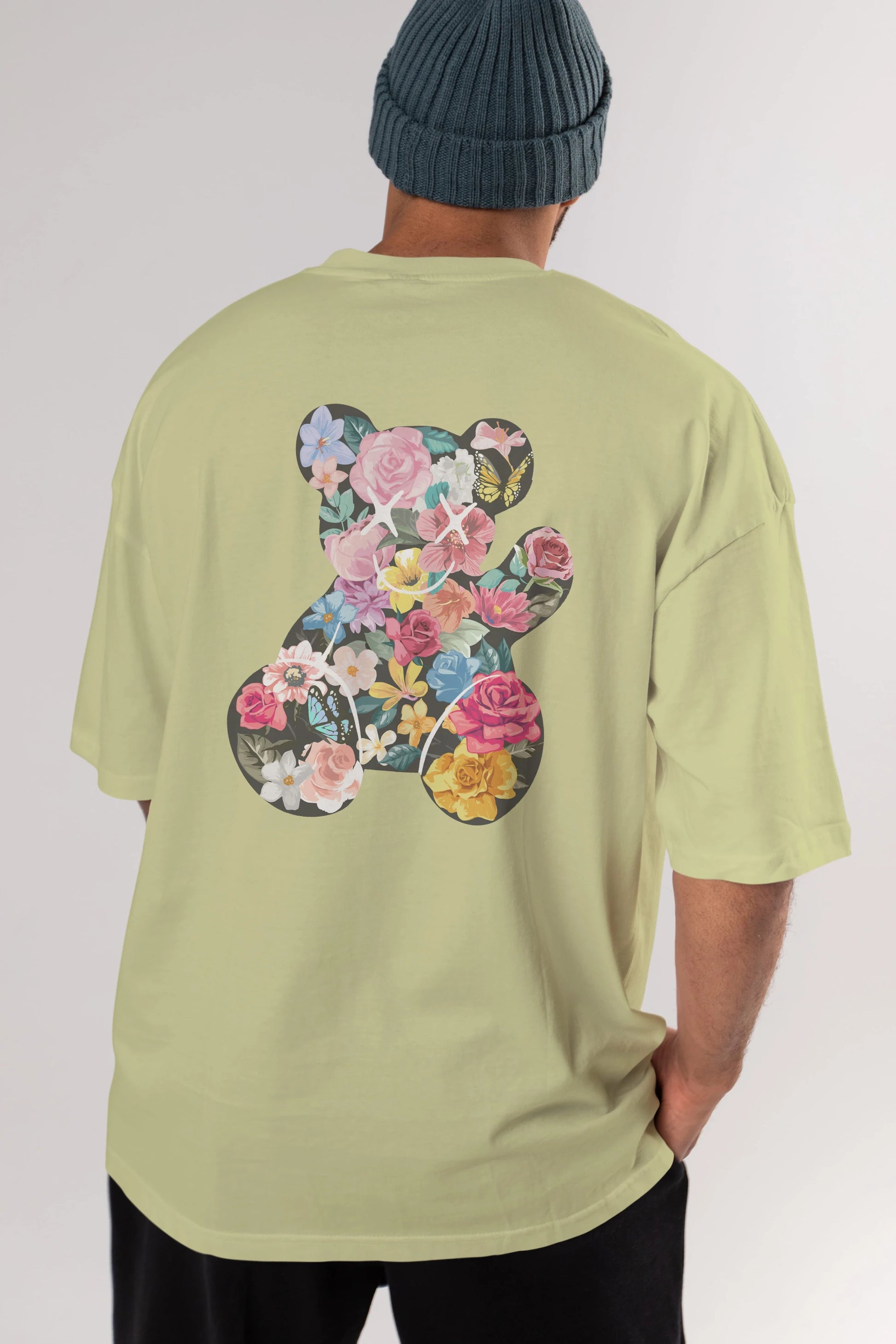 Flowers Bear Arka Baskılı Oversize t-shirt Erkek Kadın Unisex