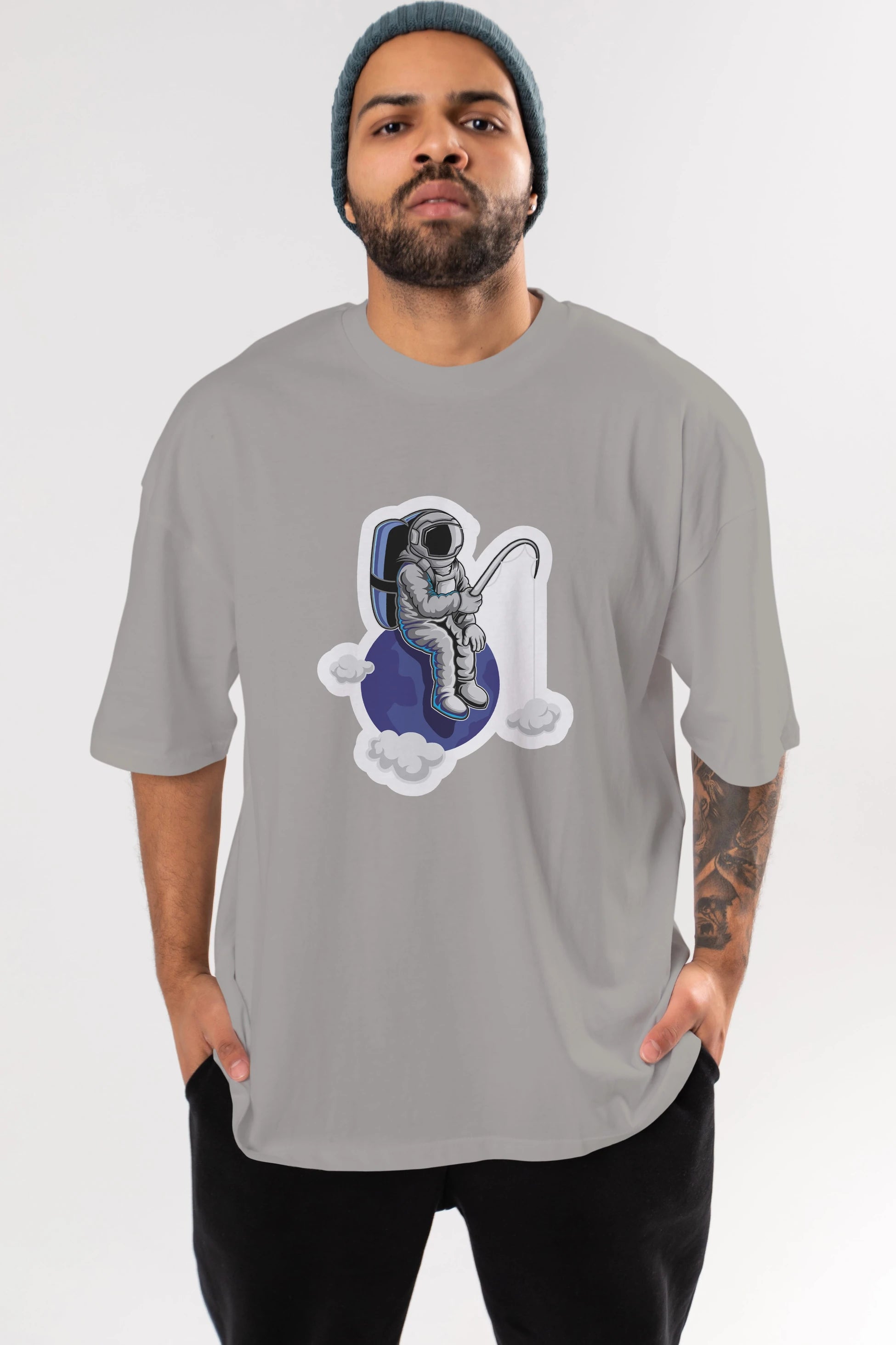 Astronaut Fishing Sticker Ön Baskılı Oversize t-shirt Erkek Kadın Unisex