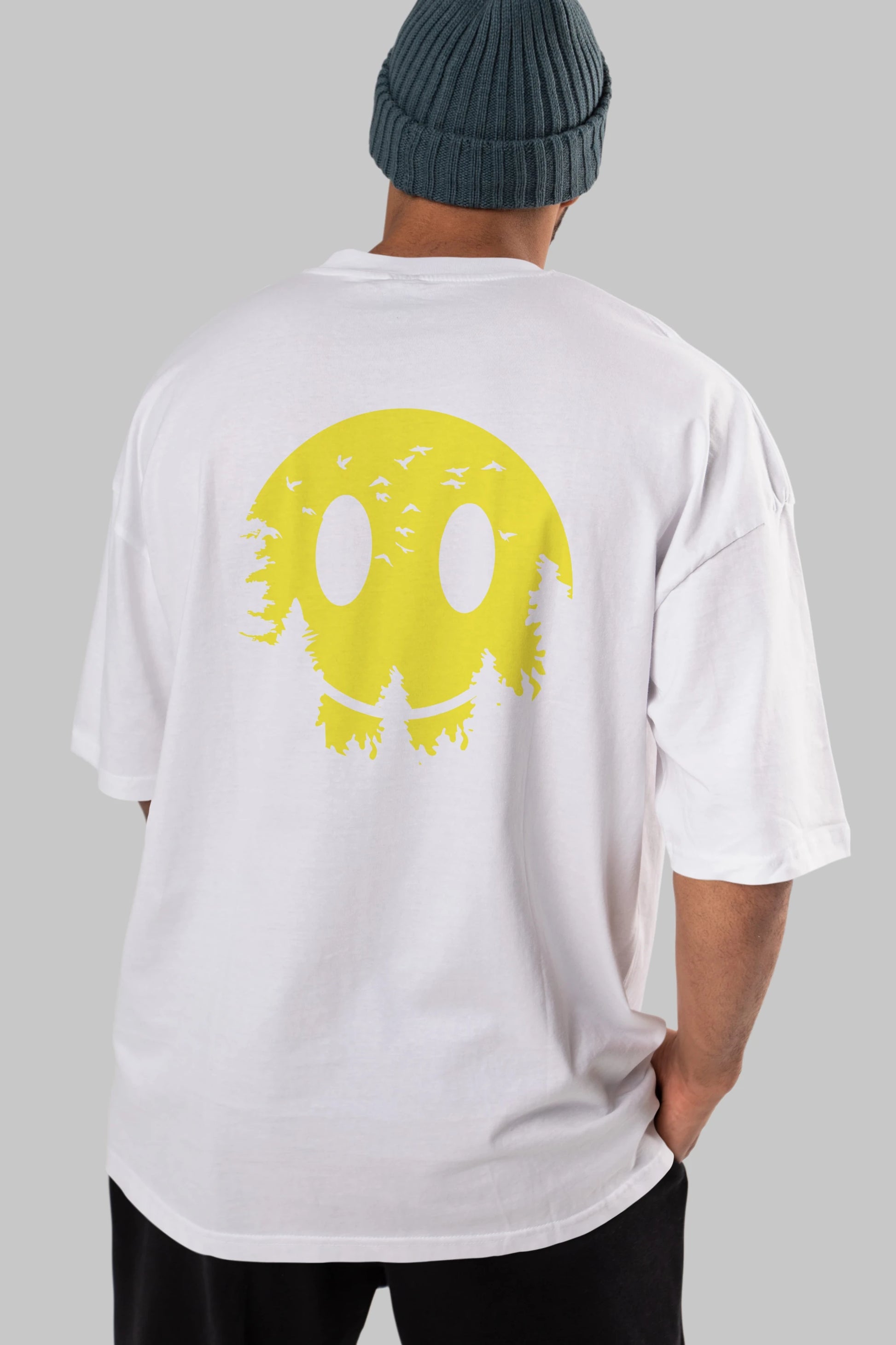 Smiley Moon Arka Baskılı Oversize t-shirt %100 pamuk Erkek Kadın Unisex