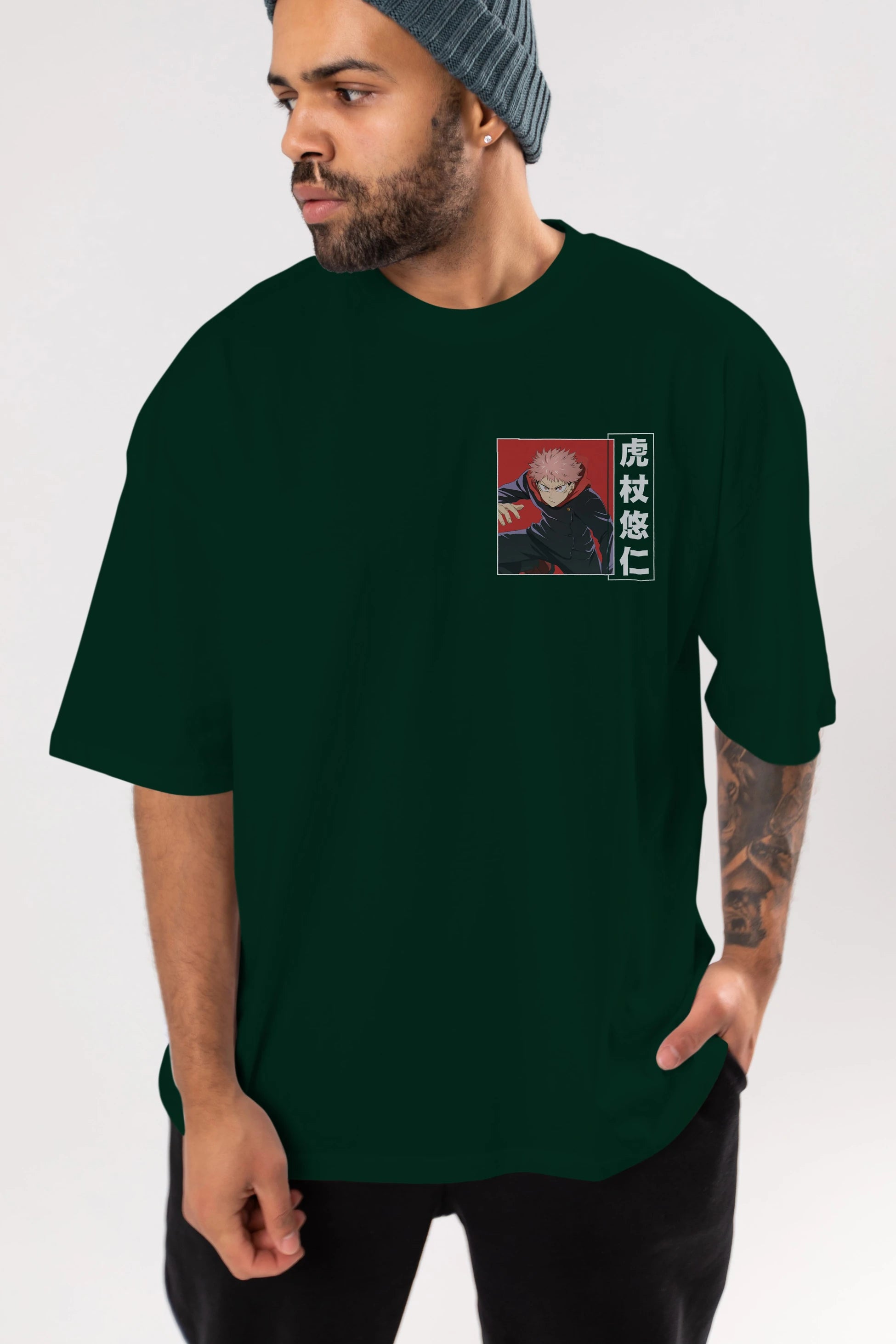 Yuuji Itadori 2 Ön Sol Baskılı Oversize t-shirt Erkek Kadın Unisex %100 Pamuk Bisiklet Yaka tişort