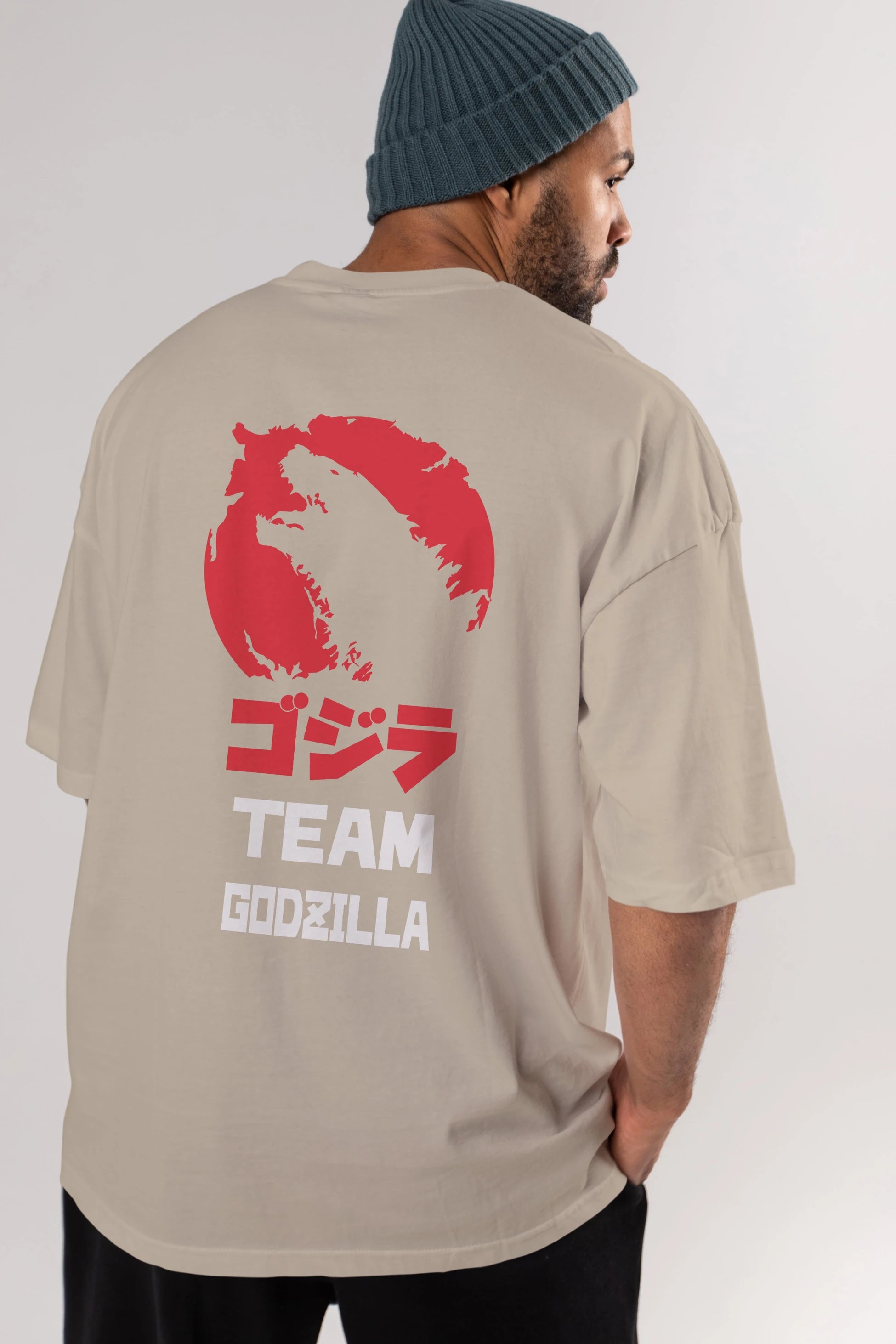 Team Godzilla Arka Baskılı Oversize t-shirt Erkek Kadın Unisex %100 Pamuk Bisiklet Yaka tişort
