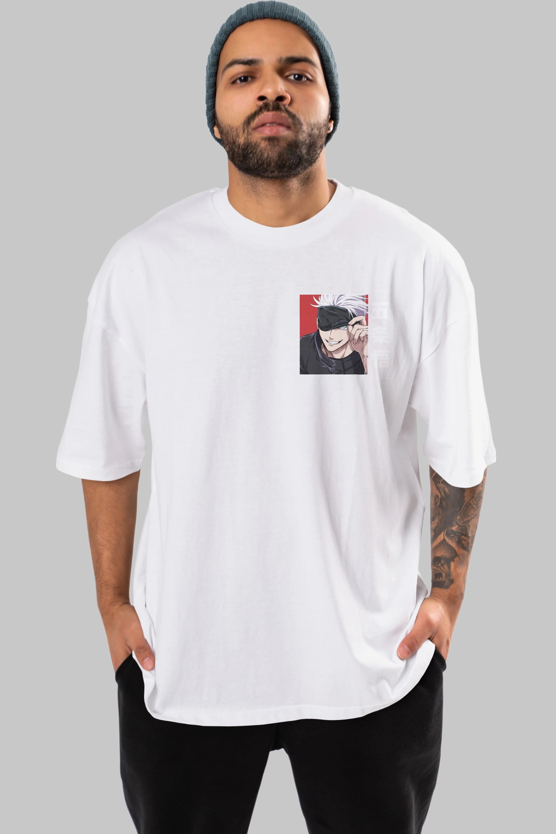 JUJUTSU KAISEN Ön Sol Baskılı Oversize t-shirt Erkek Kadın Unisex %100 Pamuk Bisiklet Yaka tişort