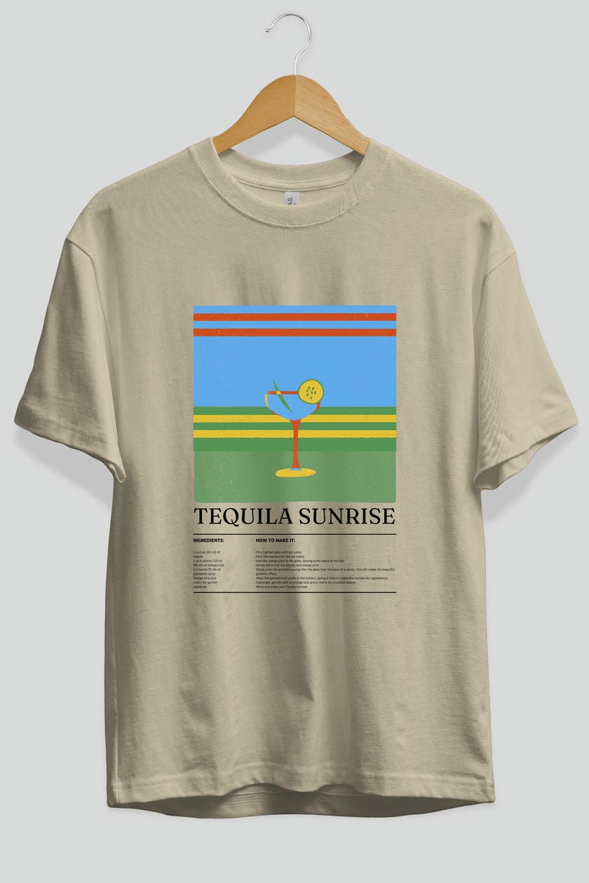 Tequila Sunrise Kokteyl Ön Baskılı Oversize t-shirt Erkek Kadın %100 Pamuk Bisiklet Yaka tişort