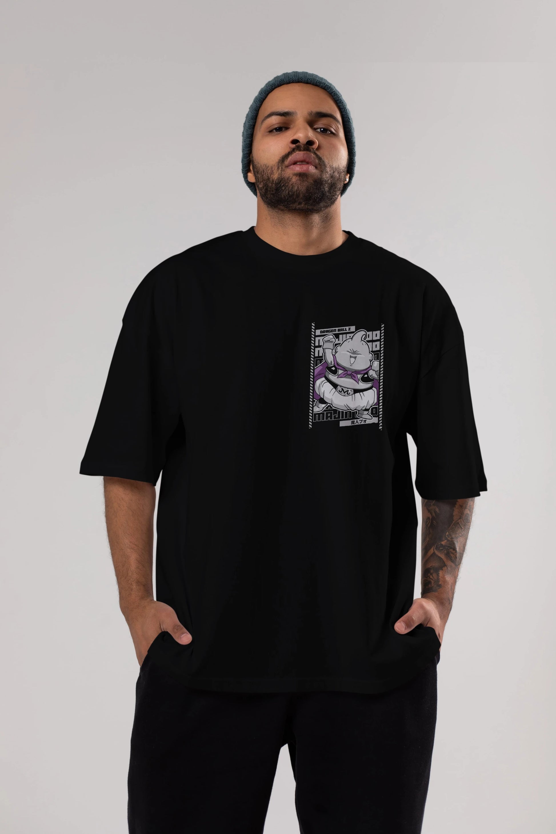 MAJIN BOO2 Ön Sol Baskılı Oversize t-shirt Erkek Kadın Unisex %100 Pamuk Bisiklet Yaka tişort