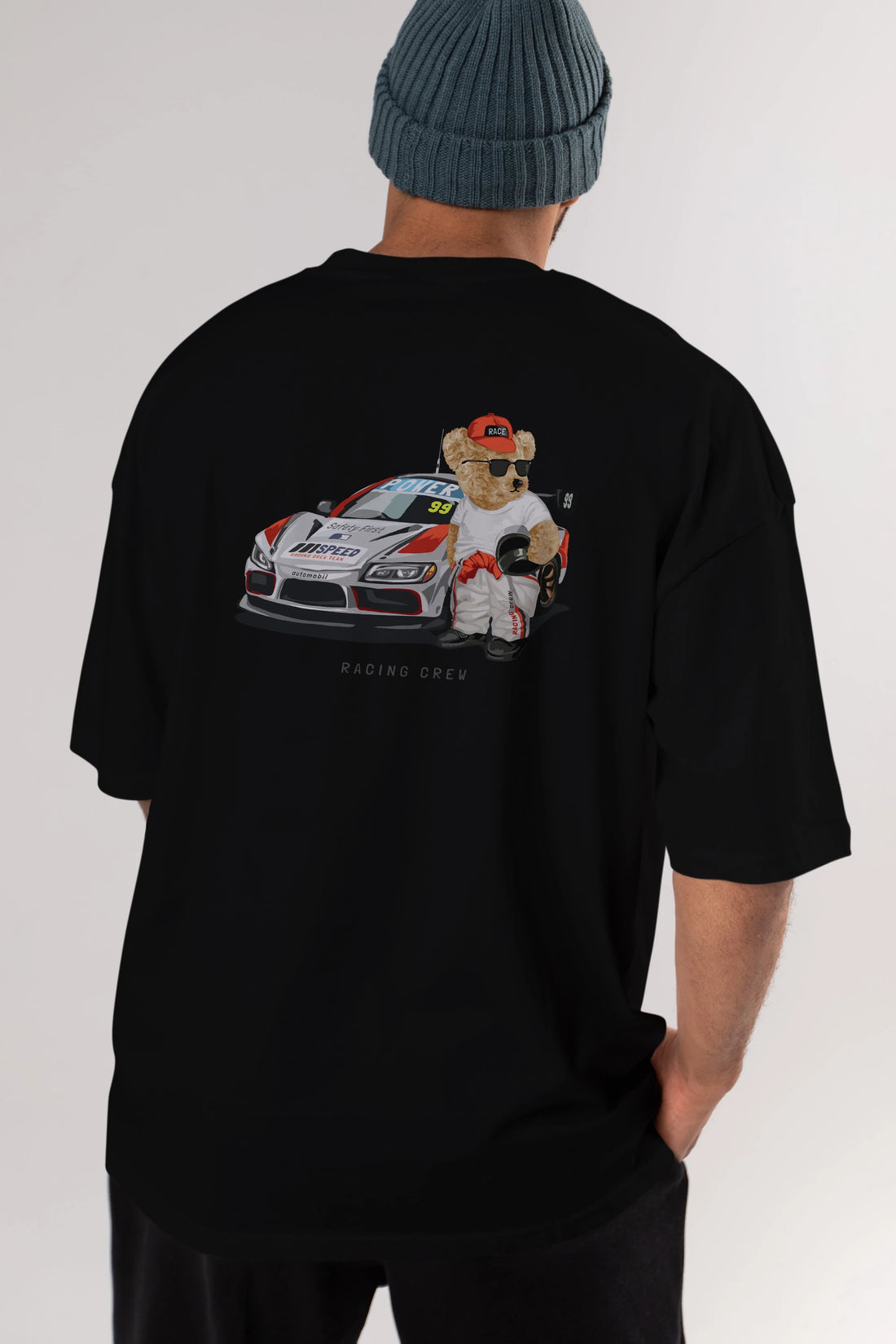 Teddy Bear Racing Crew Arka Baskılı Oversize t-shirt Erkek Kadın Unisex %100 Pamuk