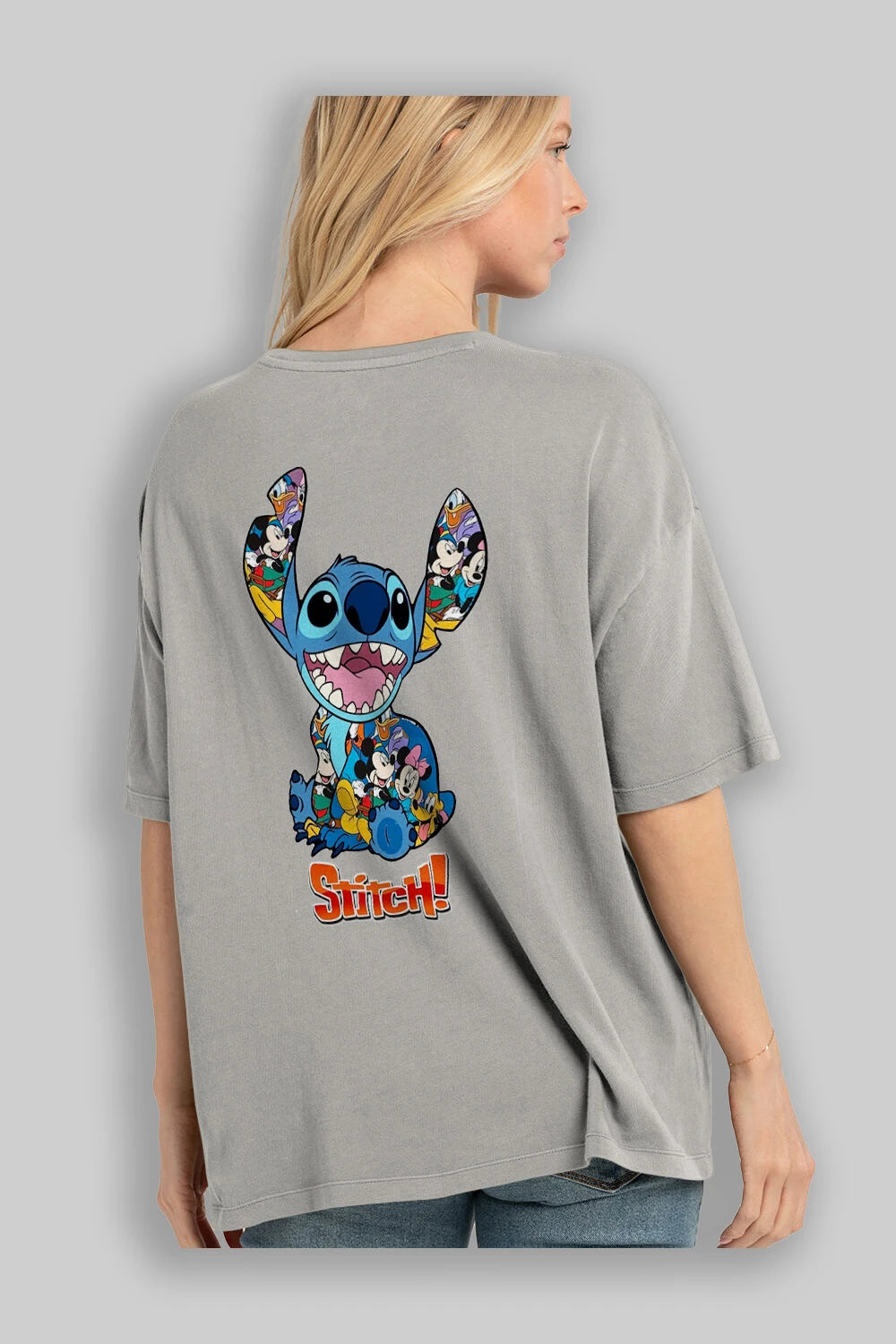 Stitch Arka Baskılı Oversize t-shirt Erkek Kadın Unisex %100 Pamuk Bisiklet Yaka tişort