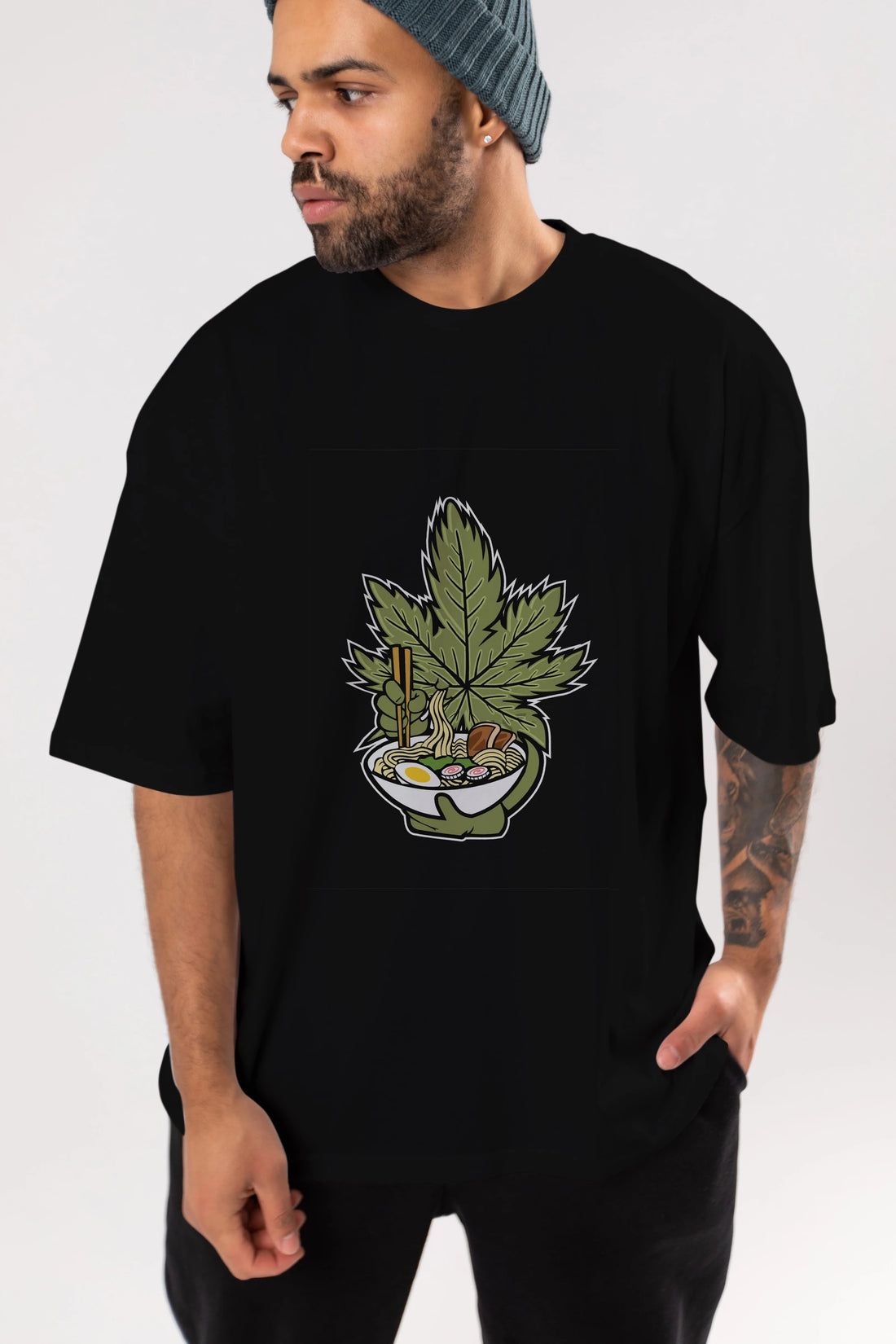 Weed Ramen Ön Baskılı Oversize t-shirt Erkek Kadın Unisex %100 Pamuk tişort