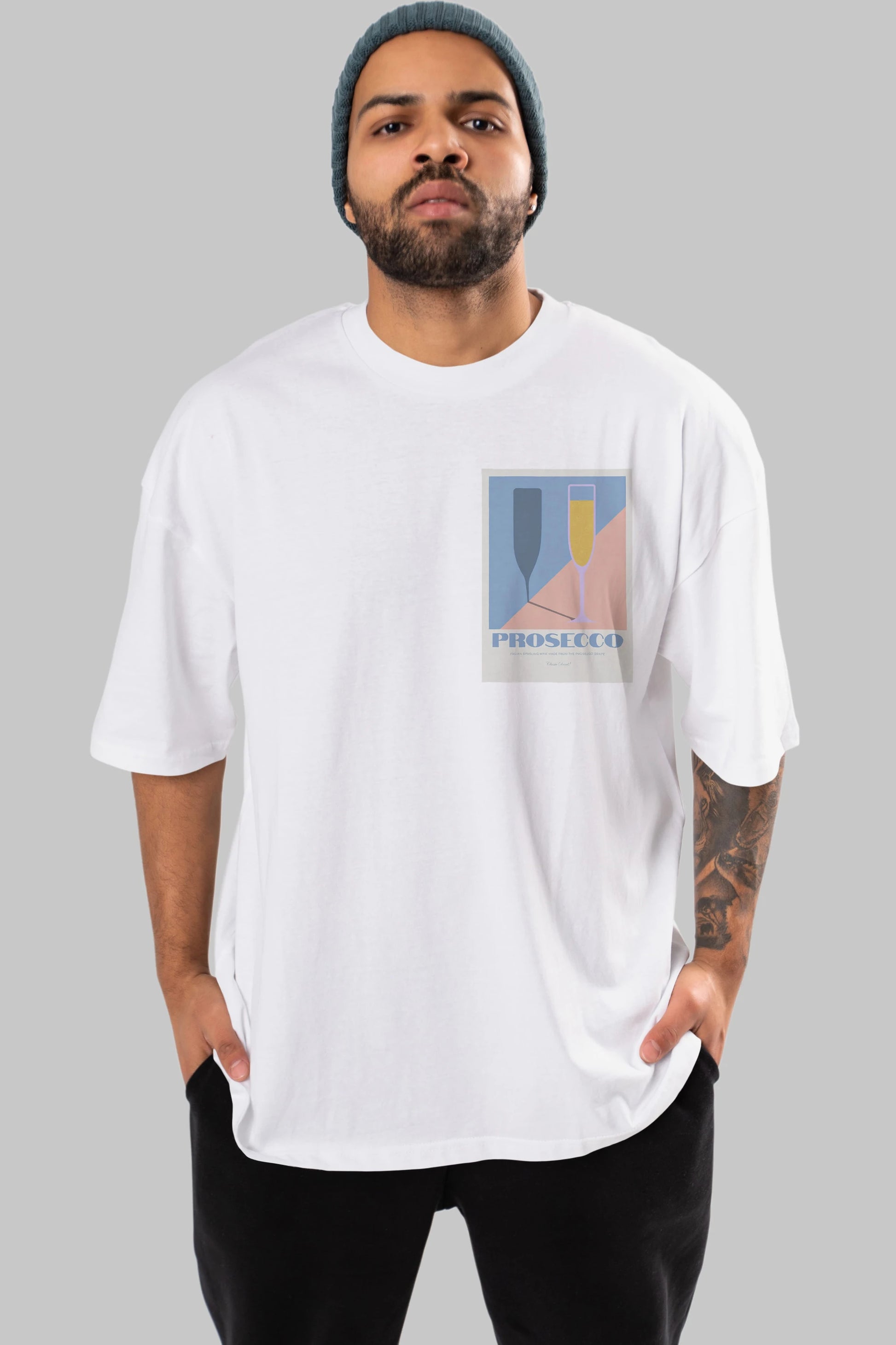 Prosecco Ön Sol Baskılı Oversize t-shirt Erkek Kadın Unisex %100 Pamuk Bisiklet Yaka tişort