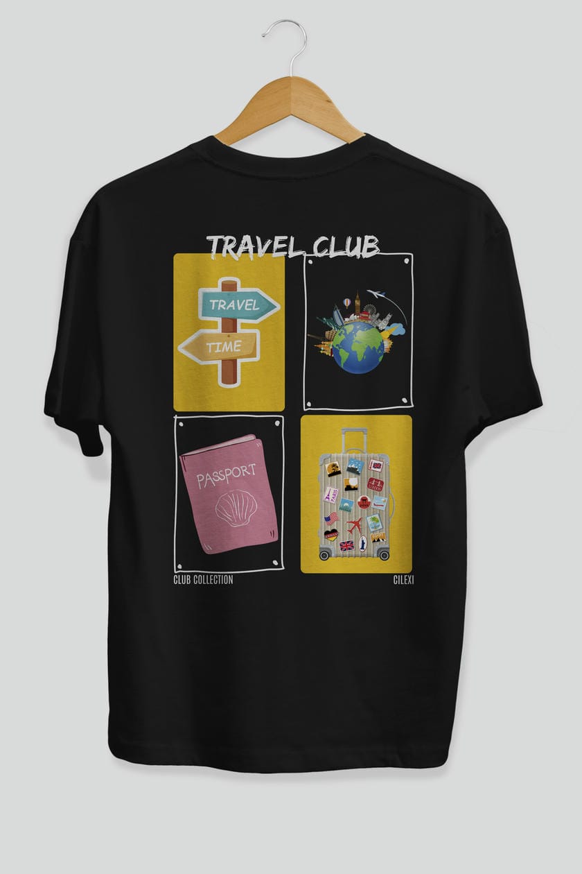Travel Club Arka Baskılı Oversize t-shirt Erkek Kadın %100 Pamuk Bisiklet Yaka tişort
