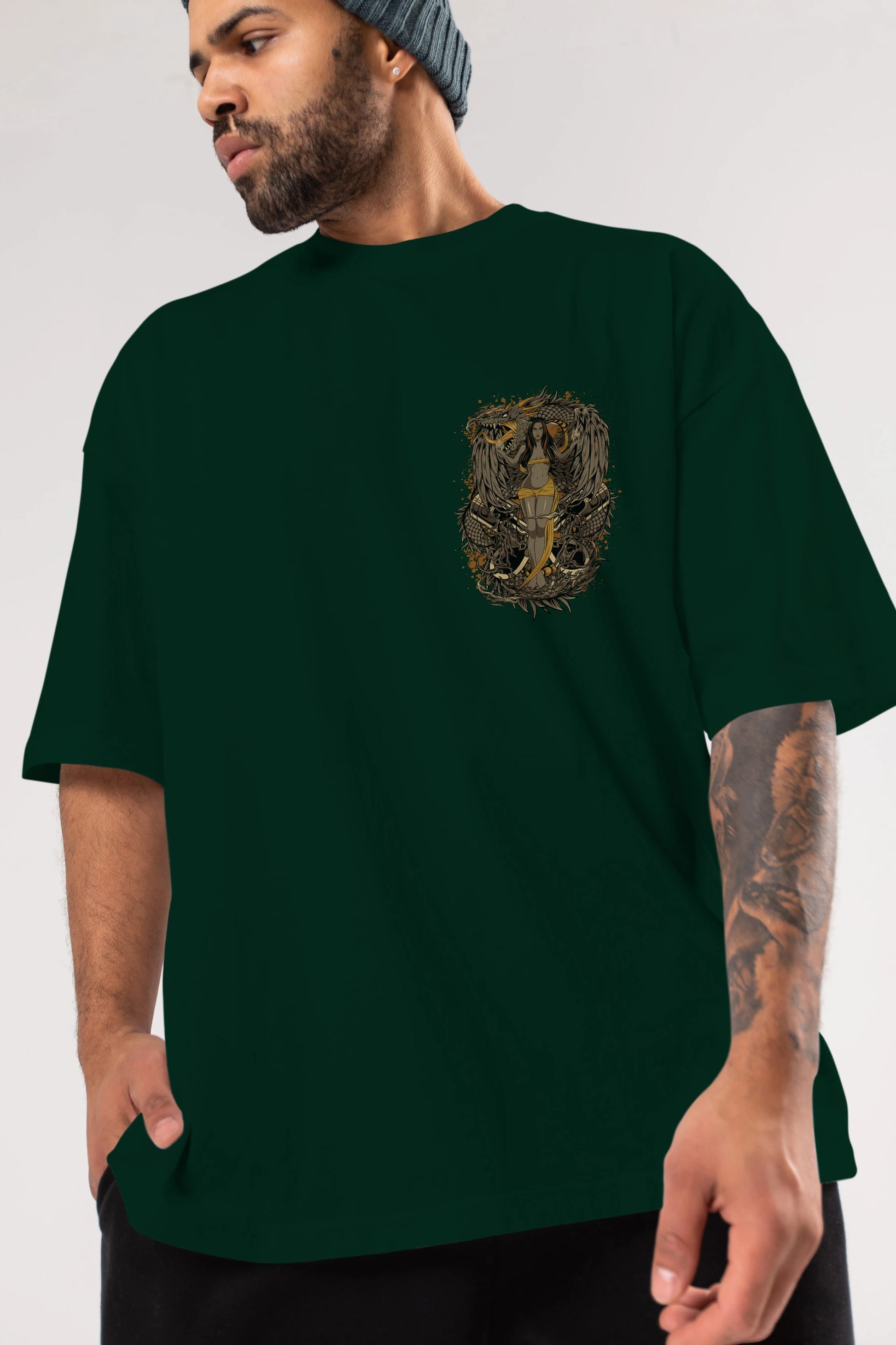 TRIBAL (3) Ön Sol Baskılı Oversize t-shirt Erkek Kadın Unisex %100 Pamuk Bisiklet Yaka tişort