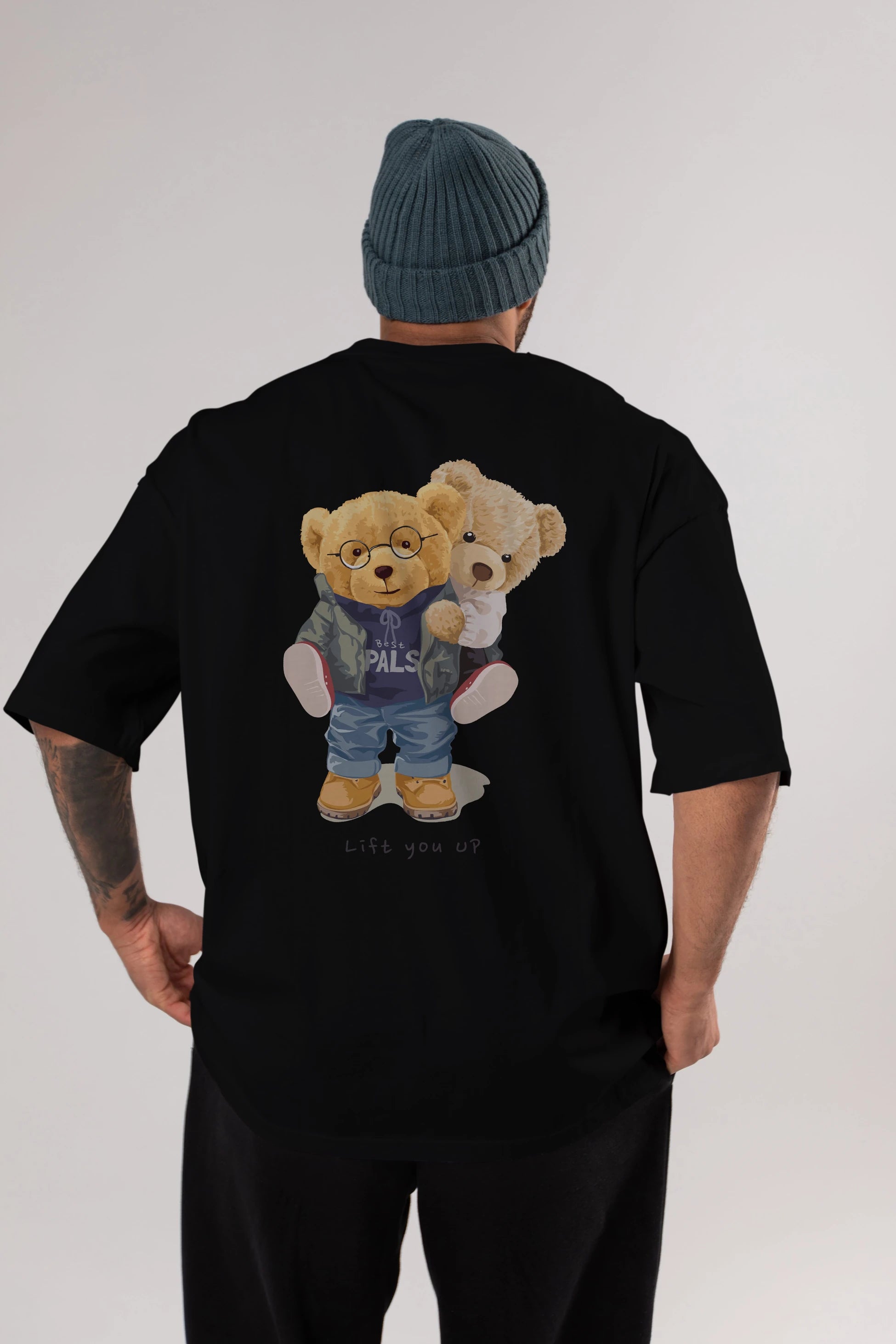 Teddy Bear Lift You Up Arka Baskılı Oversize t-shirt Erkek Kadın Unisex %100 Pamuk