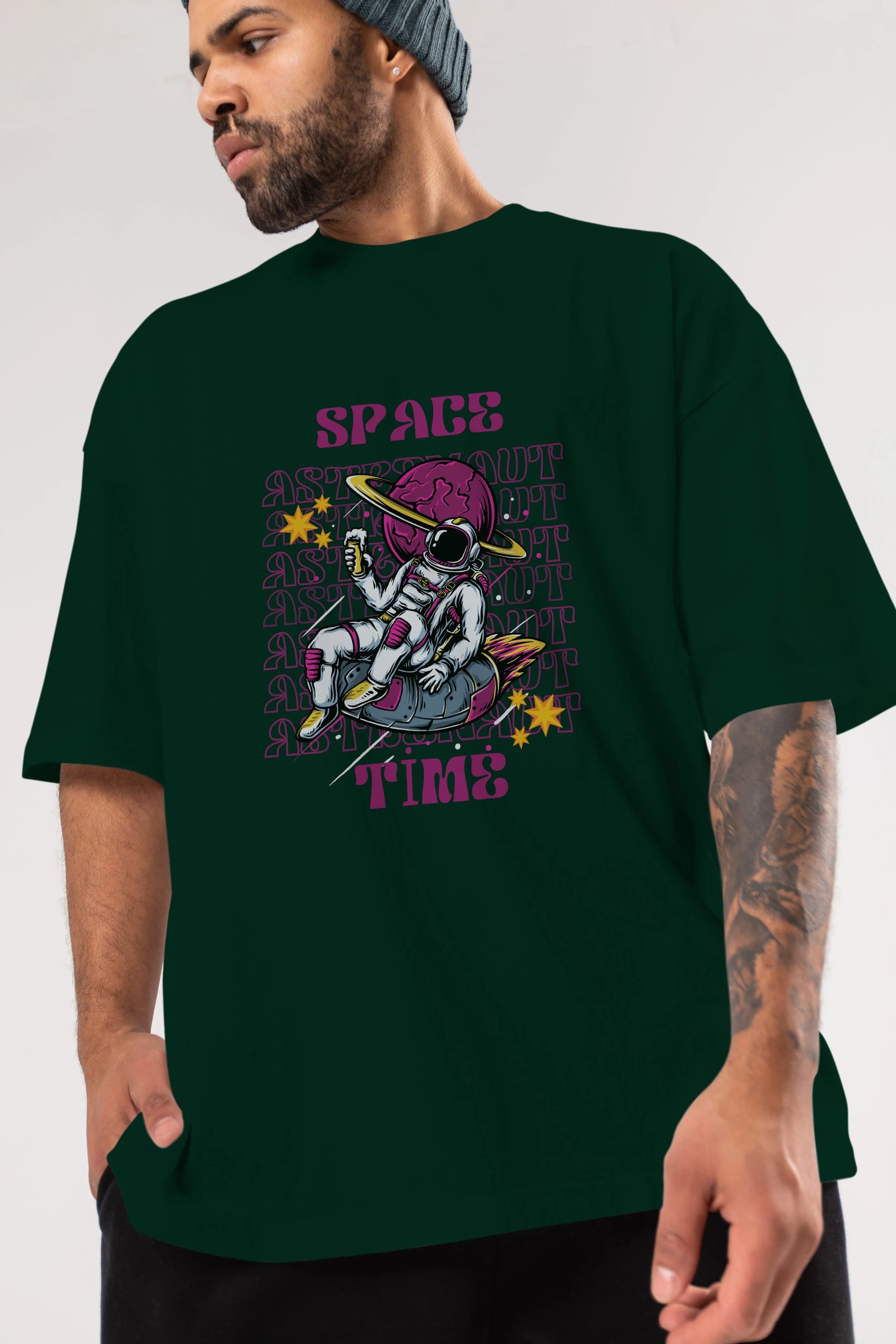 Space Time Astronaut Yazılı Ön Baskılı Oversize t-shirt Erkek Kadın Unisex