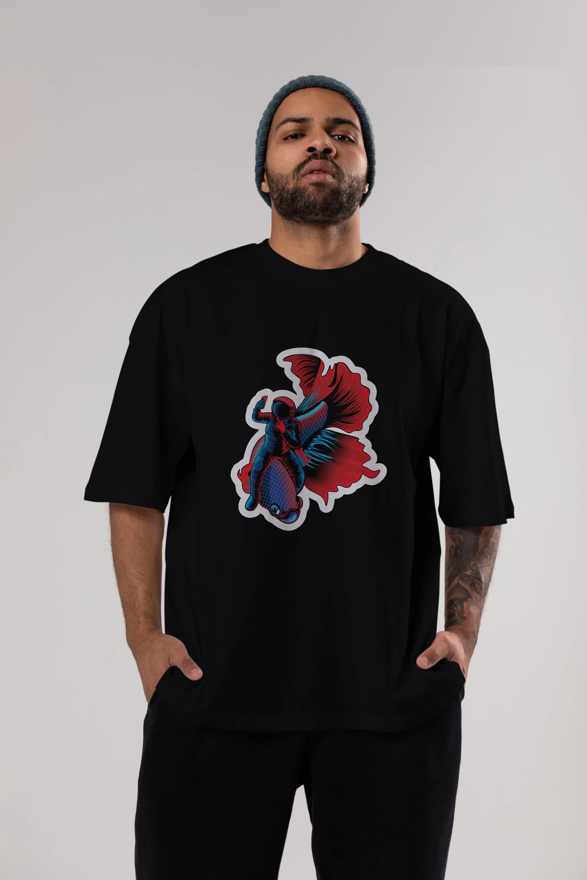 Astrofish selfie sticker Ön Baskılı Oversize t-shirt Erkek Kadın Unisex