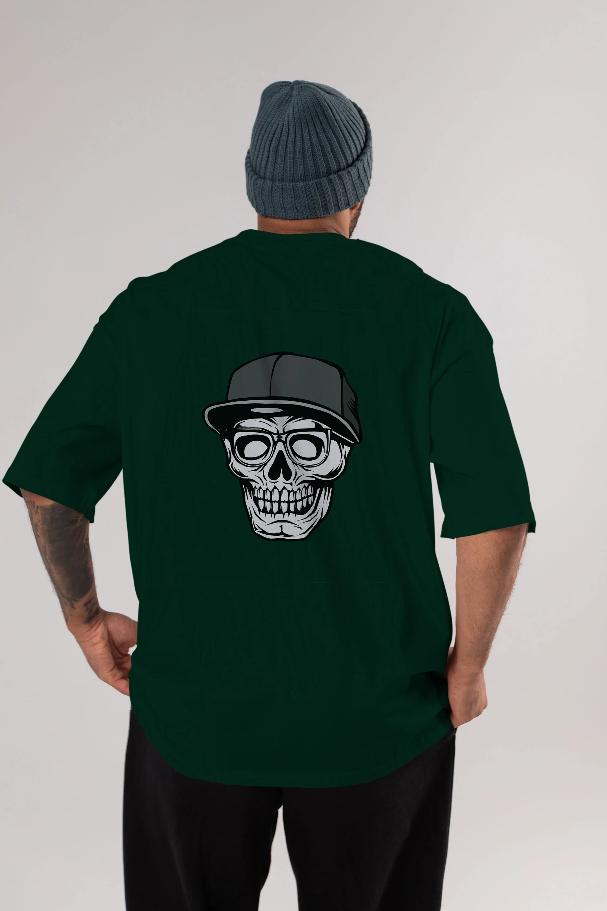 Skull With Hat Arka Baskılı Oversize t-shirt Erkek Kadın Unisex %100 Pamuk tişort