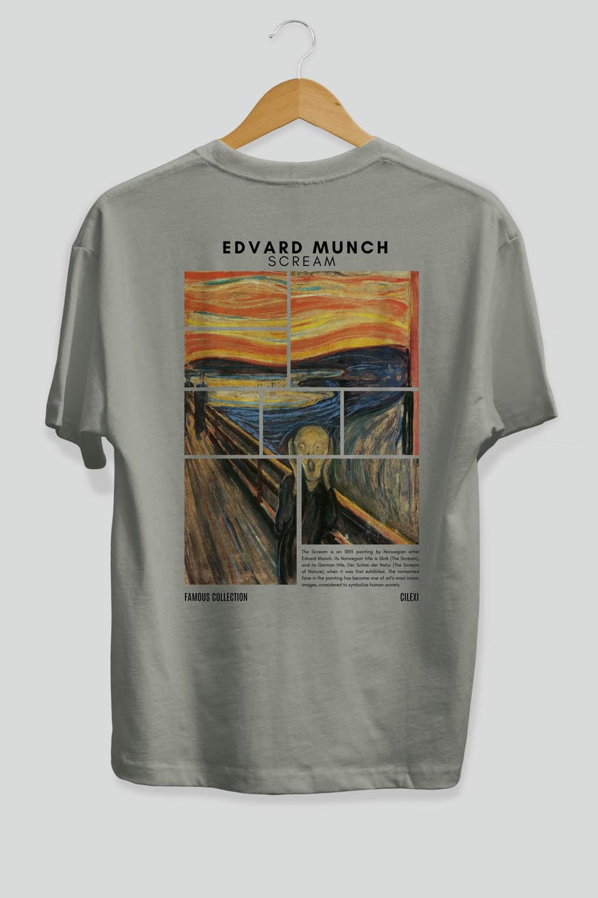 Edvard Munch Scream Arka Baskılı Oversize t-shirt Erkek Kadın Bisiklet Yaka Pamuk tişort