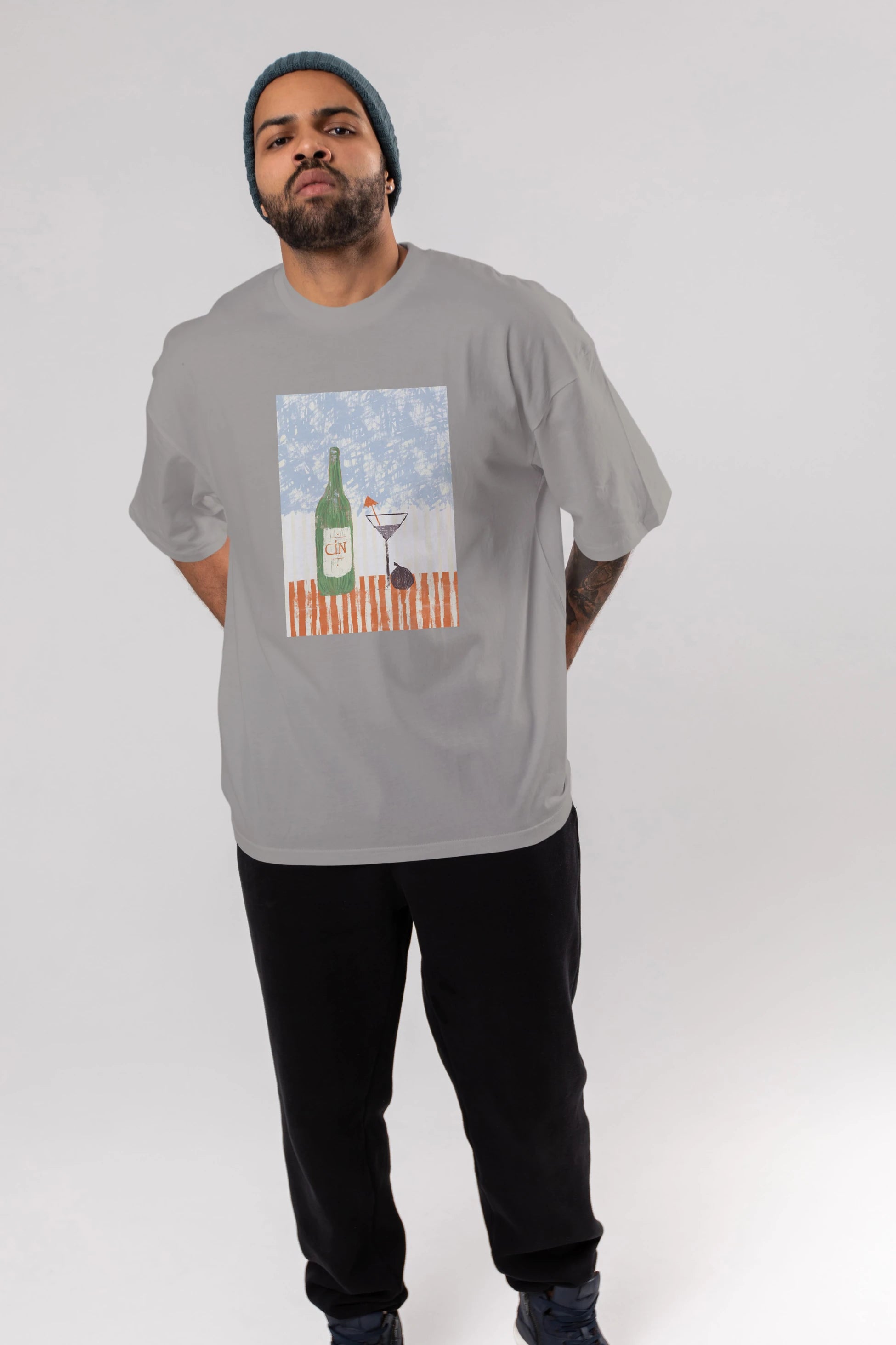 Gin Ön Baskılı Oversize t-shirt Erkek Kadın Unisex %100 Pamuk Bisiklet Yaka tişort