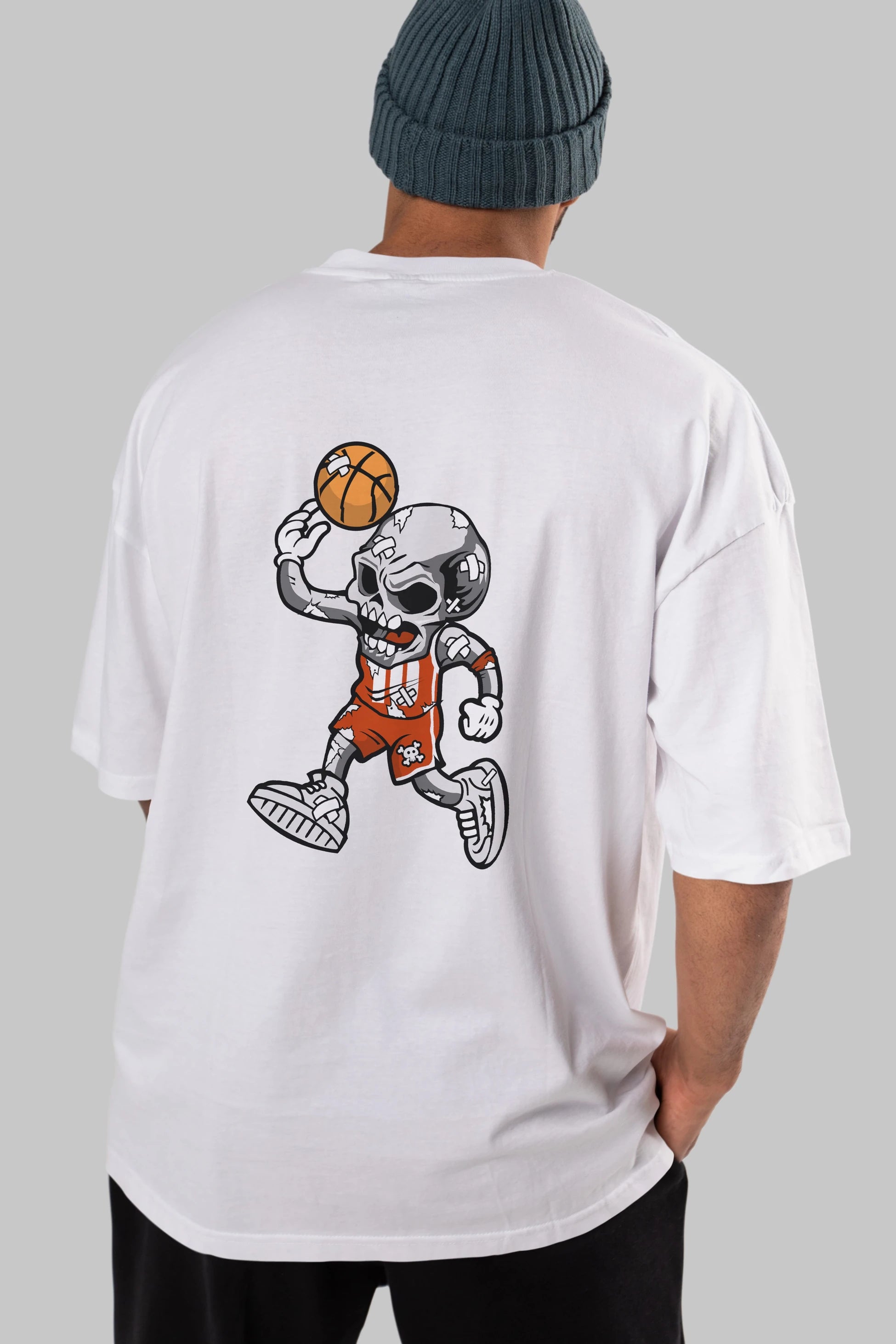 Skull Basketball Arka Baskılı Oversize t-shirt Erkek Kadın Unisex %100 Pamuk tişort