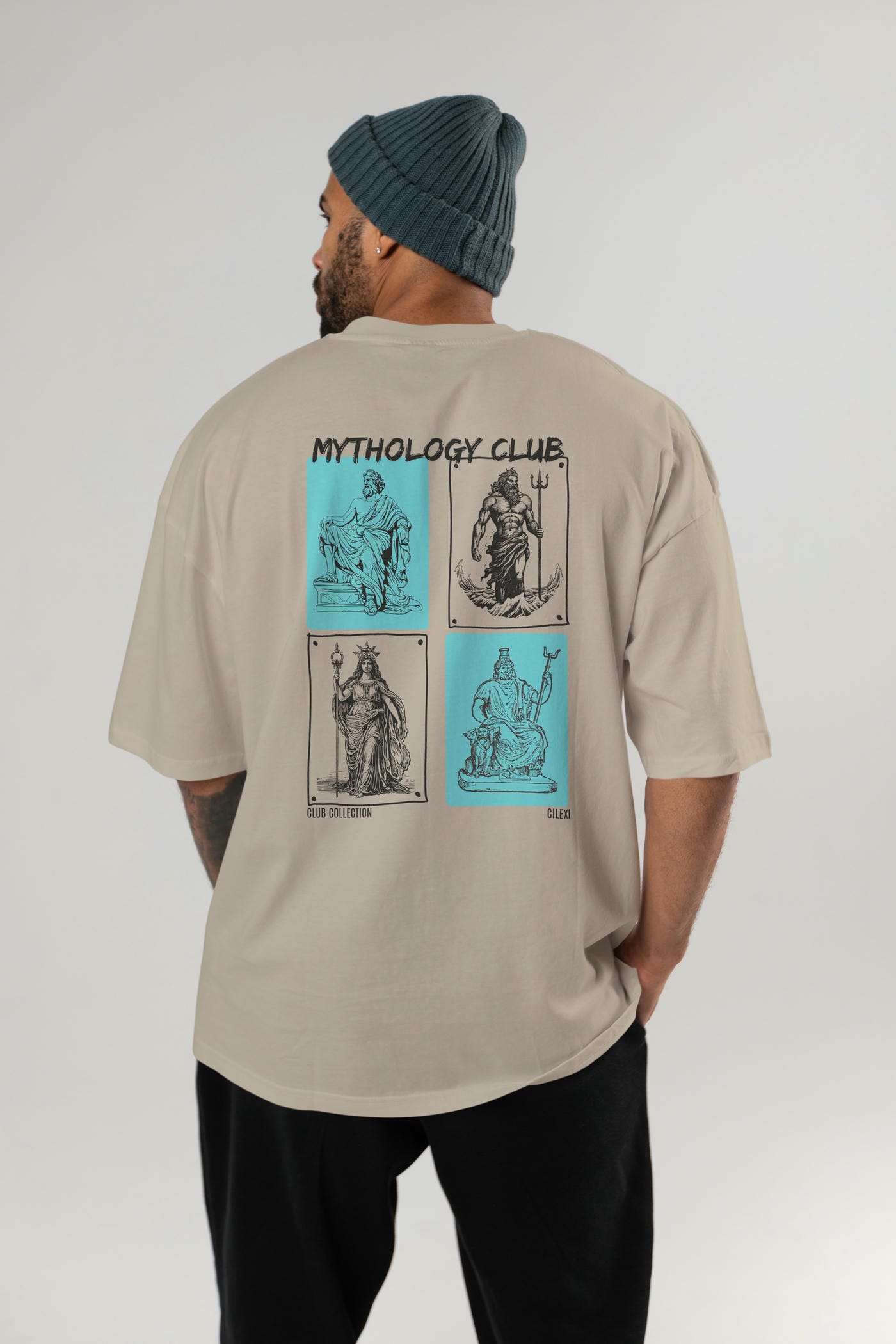 Mythology Club Arka Baskılı Oversize t-shirt Erkek Kadın %100 Pamuk Bisiklet Yaka tişort