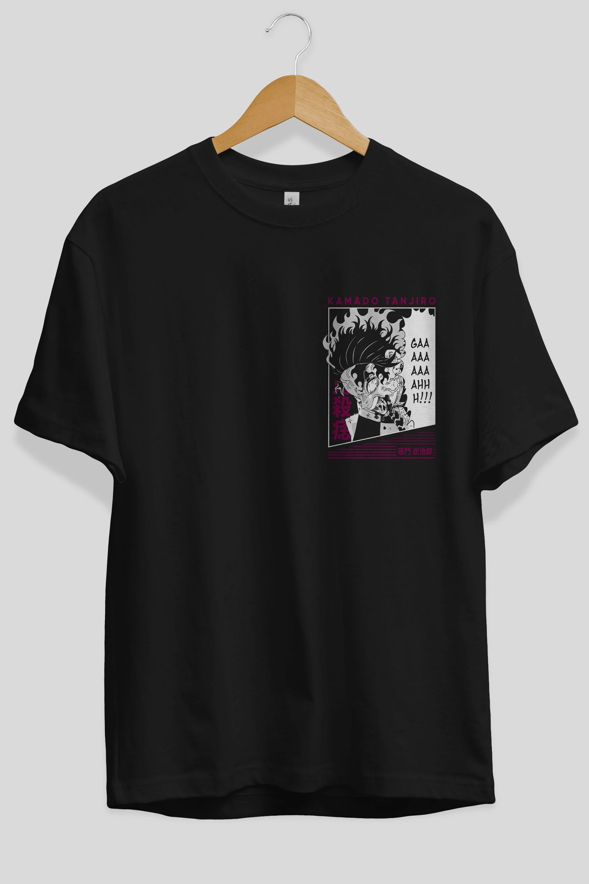 TANJIRO KAMADO 3 Ön Sol Baskılı Oversize t-shirt Erkek Kadın Unisex %100 Pamuk Bisiklet Yaka tişort